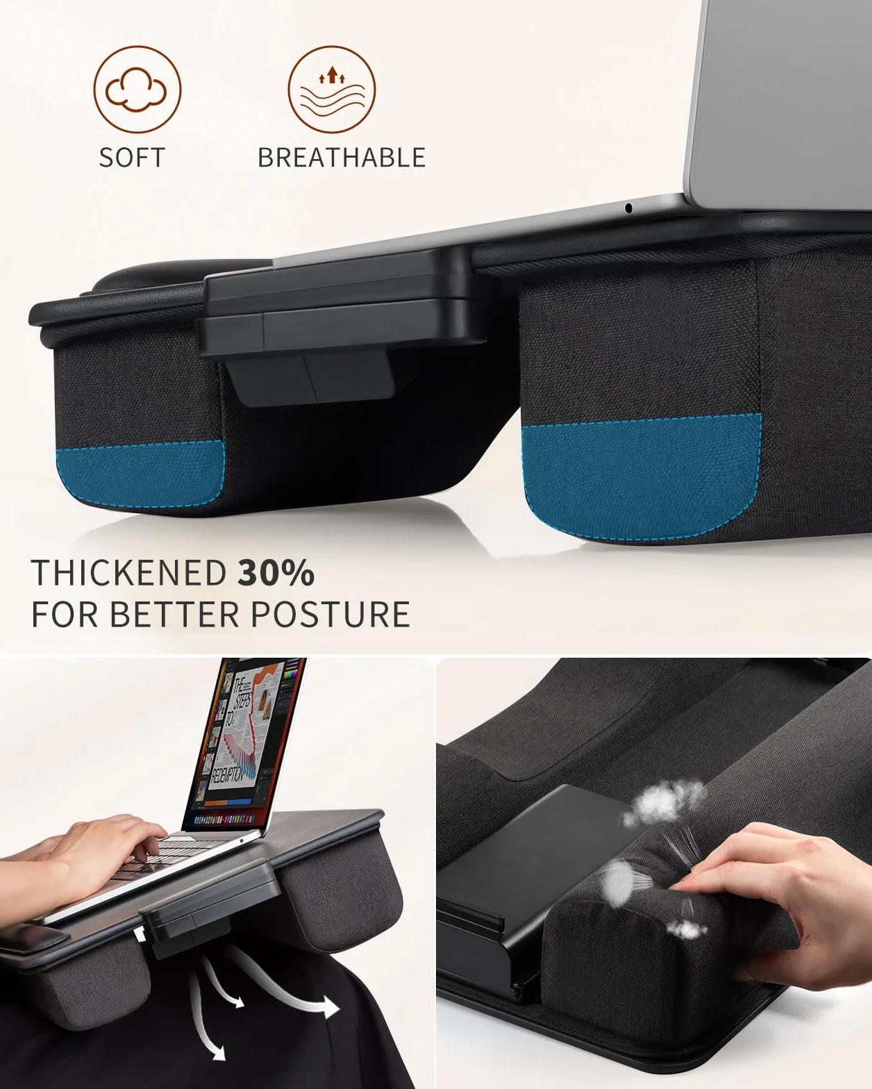 Laptopkissen, Laptop Ständer Bett, SAIJI Stabil Laptop Kissen, neues Komfortables Leder, bis zu 17", mit Handgelenkauflage, Handyhalterung, Schublade, für Sofa, Bett, Tisch