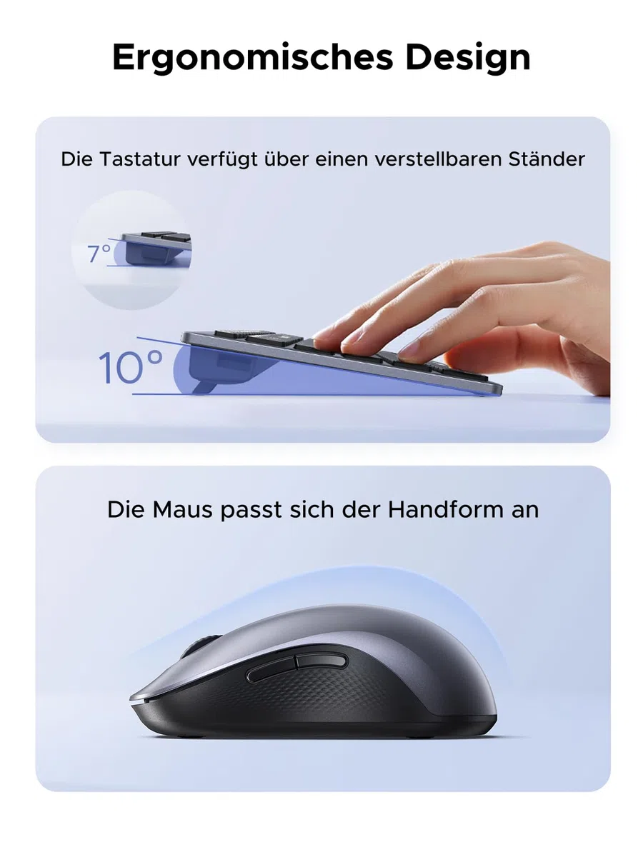 UGREEN Bluetooth Tastatur Maus Set kabellos (Bluetooth+2.4G), Wiederaufladbare Scherentastatur mit Maus 4000 DPI, Ultraslim Tastatur und Funkmaus für Windows/macOS/Linux/Android-QWERTZ Layout