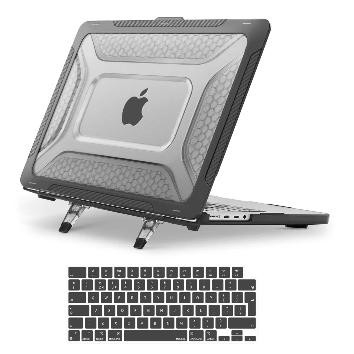 MOSISO Kompatibel mit MacBook Pro 14 Zoll Hülle 2026-2021 M5 M4 M3 M2 M1 A3427 A3426 A3434 A3112/3185/3401/2918/2992, Wabenstruktur TPU-Stoßfänger Hartschale Klappständer&Tastaturschutz, Schwarz