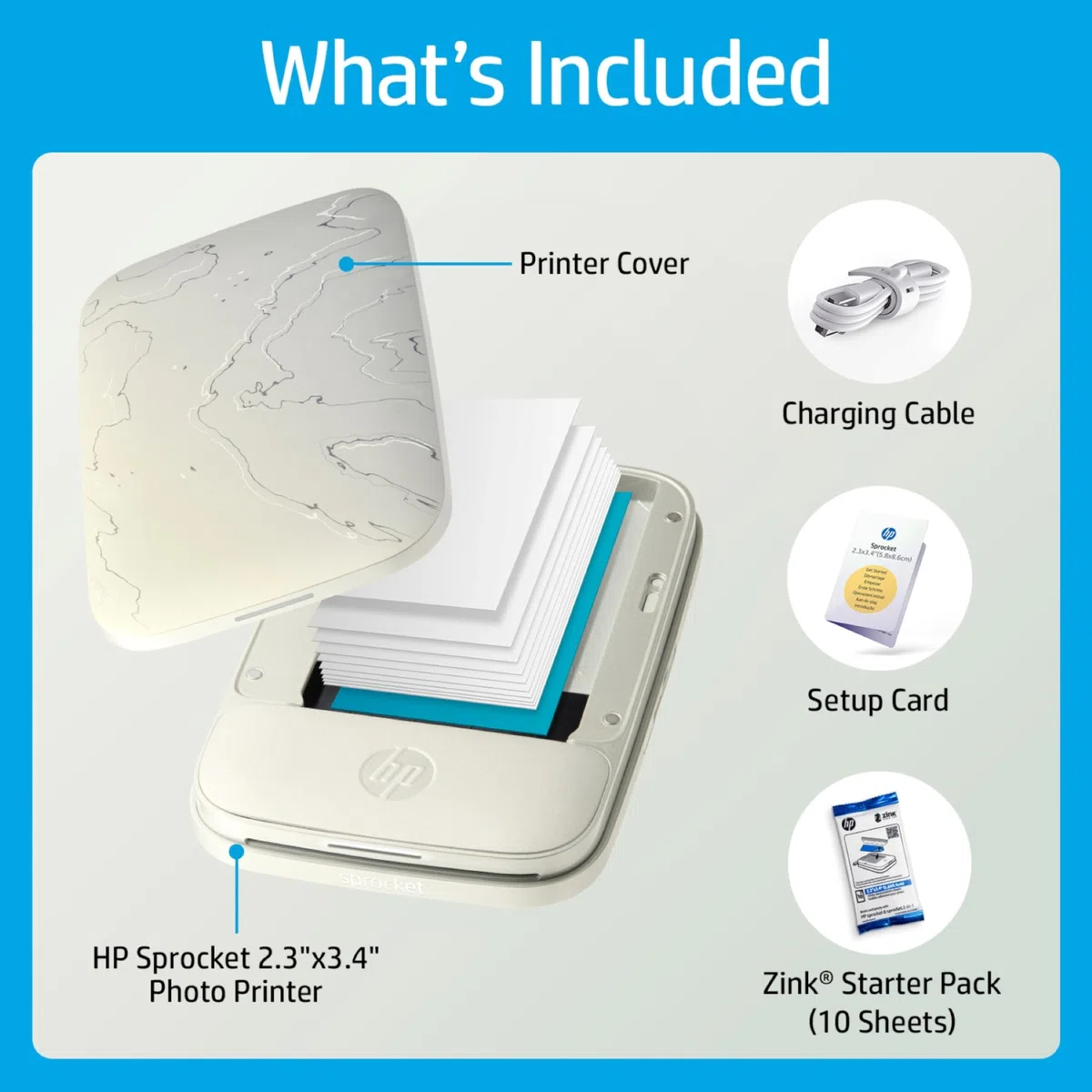 HP Sprocket Select Tragbarer Sofortbilddrucker mit 2,3 x 3,4 Zoll (Weiß) Set: Zink-Papier 20er Pack, Fotoalbum, Schere, Marker, Stickersets.