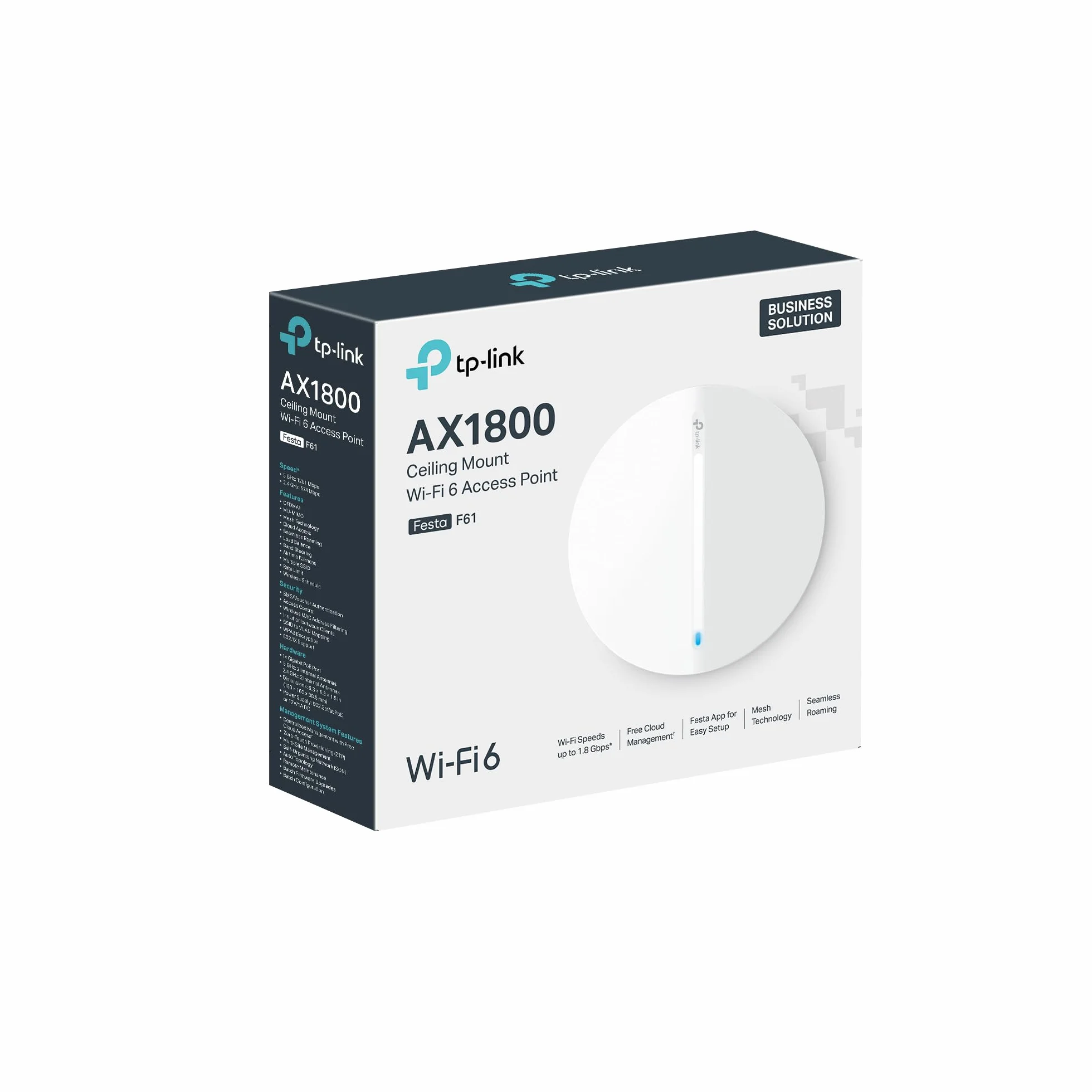 TP-Link Festa F61 Access Point AX1800 WiFi 6, Kostenlose Cloud-Verwaltung, 802.3af/at PoE oder 48V passives PoE oder 12V/1A DC, Festa Mesh, OFDMA, MU-MIMO, Bis zu 250 Clients, Gastnetzwerk, VPN, VLAN