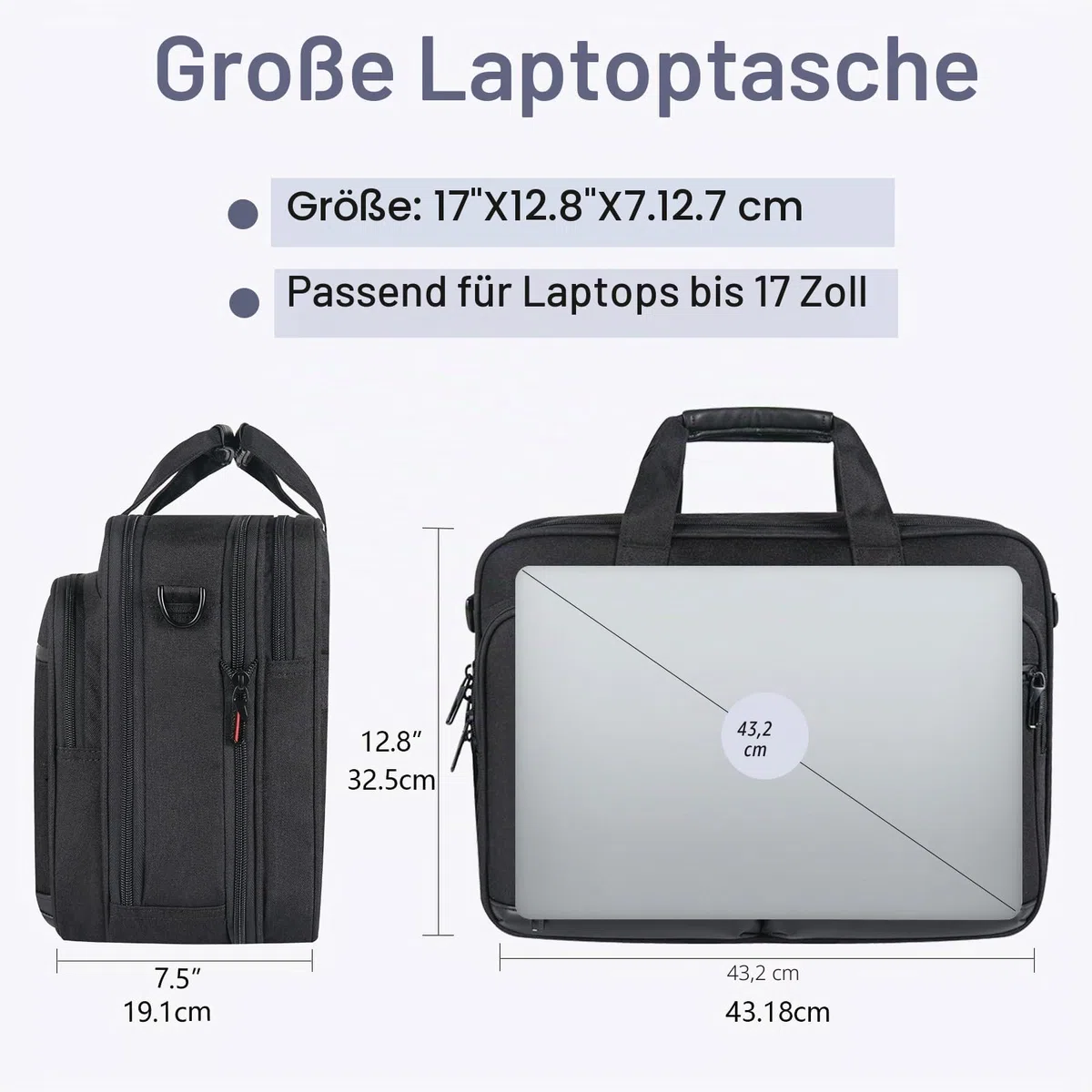 VANKEAN Laptoptasche Damen Herren Business Aktentasche 17.3 Zoll, Passend für bis zu Laptops, Wasserdichte Laptop Tasche Computertasche für Reisen/Business/Schule, Schwarz