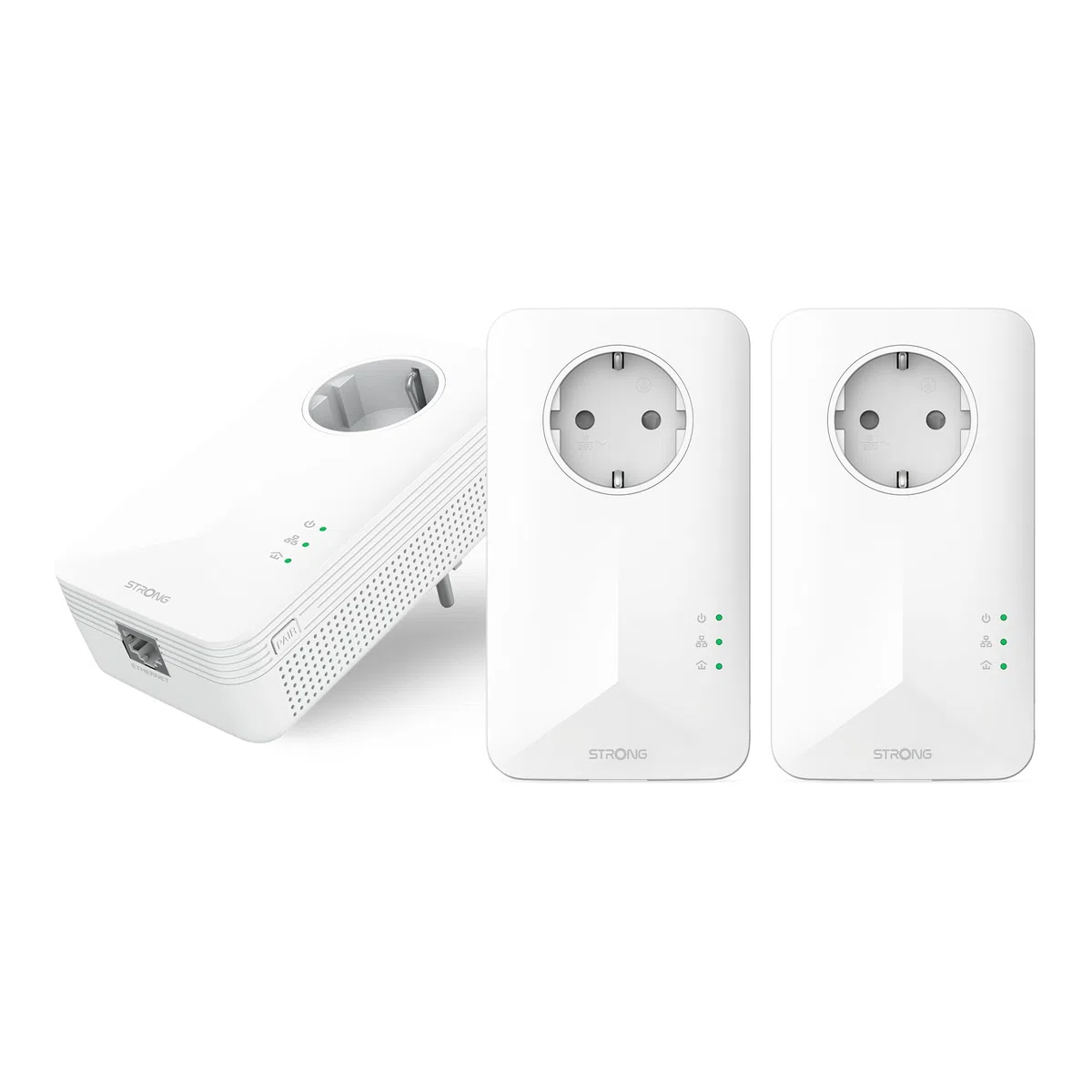 STRONG - Powerline 1000 Triple EU Set - 3 Powerline-Adapter - 1000 Mbps, Fast-Internetzugang - integrierte Steckdose - 300 m Reichweite - Für alle Router - LAN-Anschluss -Easy-Installation - weiß