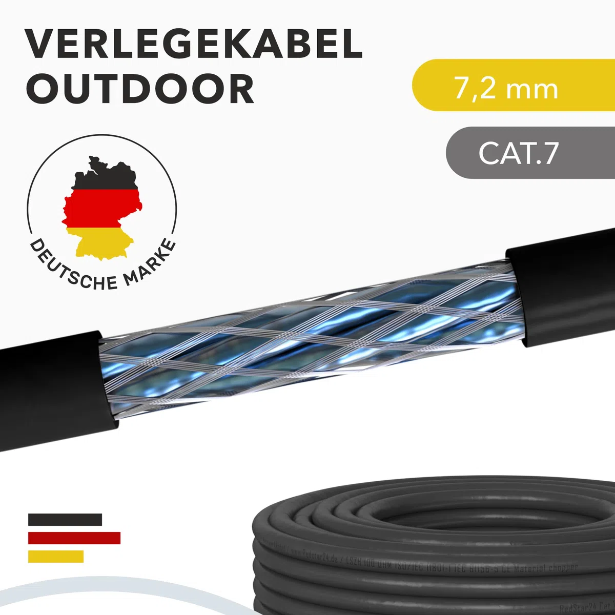 RedStar24 100m Cat7 Erdkabel Verlegekabel Outdoor Lan Kabel Installationskabel Schwarz AWG23/1 CAT 7 S/FTP Ethernet Netzwerk 1000MHz geschirmtes Datenkabel Netzwerkkabel für Außenbereich UV-beständig