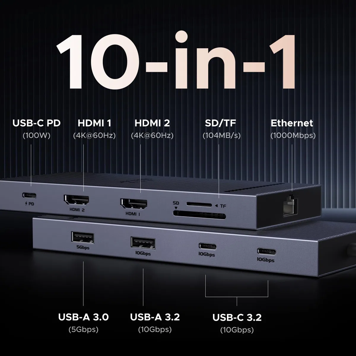 UGREEN Revodok Pro 2102 10Gbps USB C Hub 2 HDMI Ethernet Adapter USB C Docking Station Dual 4K@60Hz Display mit USB 3.2 Ports, PD 100W Schnellladen, SD/TF Kartenleser