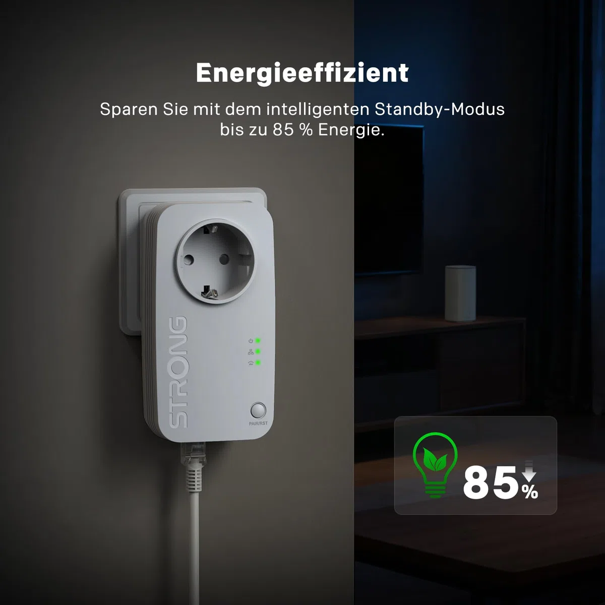 STRONG AV600 Mbit/s Powerline Adapter Setmit Steckdose, HomePlug AV2 Powerline Internet Verstärker, Plug & Play, EIN Knopf Sicherheit, Energiesparmodus, 100 Mbit/s LAN Ports, ideal für TV, PC