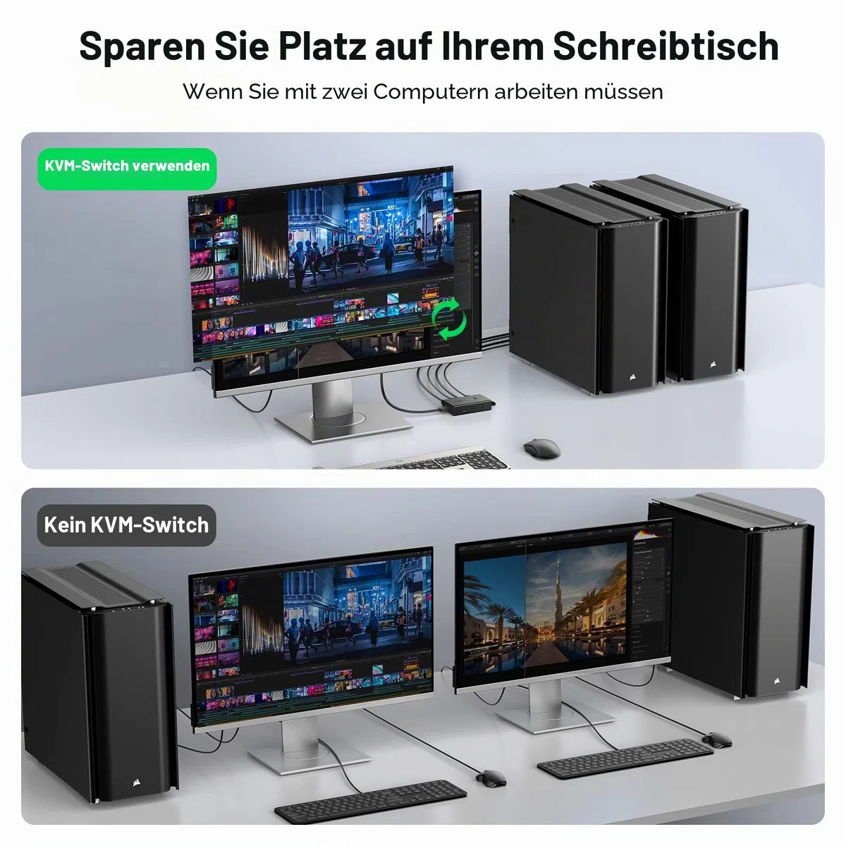 UGREEN HDMI 2.0 KVM Switch 2 PC 1 Monitor USB Switch 4K@60Hz | 2 PC Share 1 HDMI Monitor und 4 USB Anschlüsse für Tastatur, Maus, Drucker, Webcam, USB Mic usw.