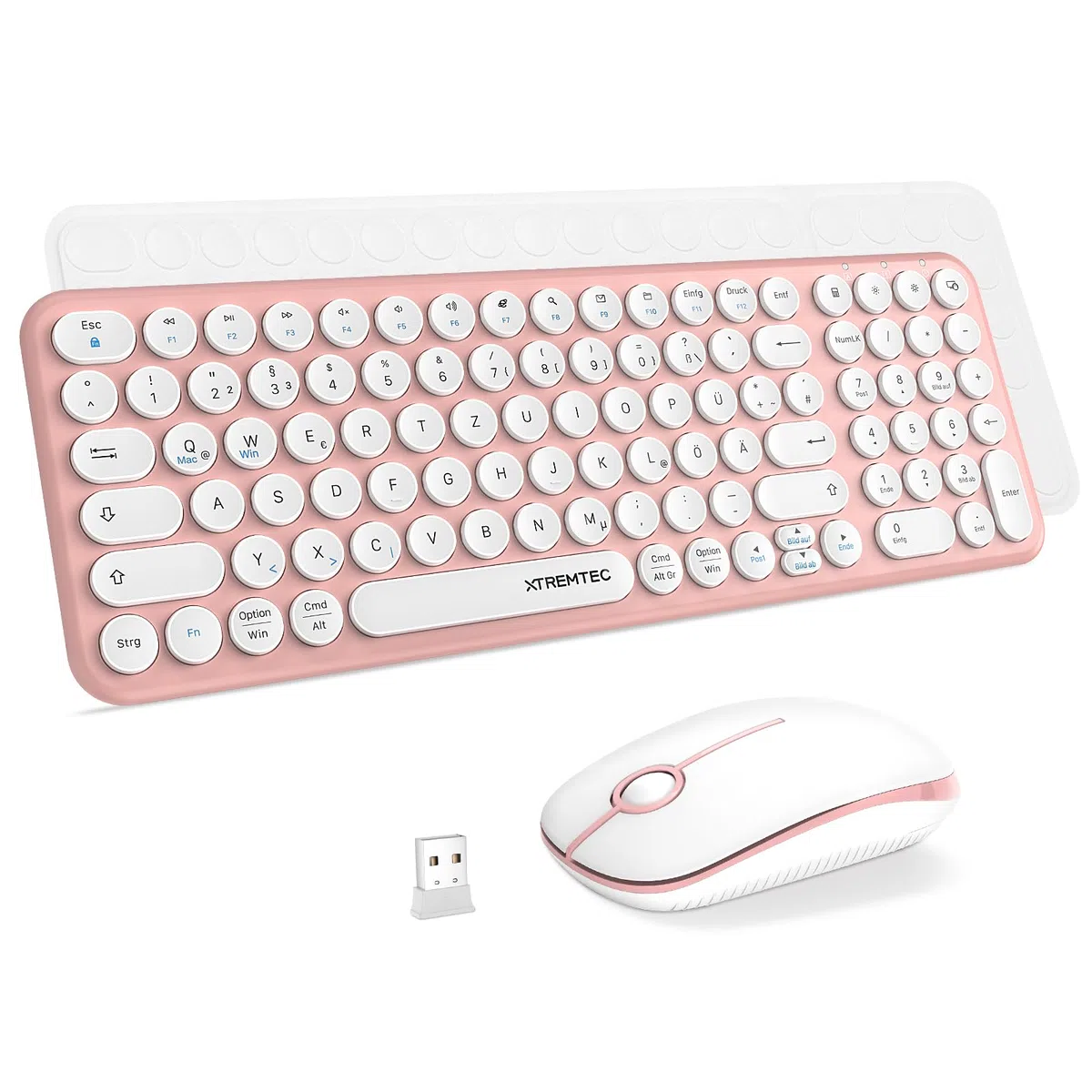 kabellose Tastatur und Maus,Retro runde Schreibmaschine Tastatur,Slim Funktastatur leise Set,USB 2.4GHz Verbindung,kompakte Tastatur für Laptop,iMac,Windows,PC (Rosa-weis)-Deutsche Tastatur