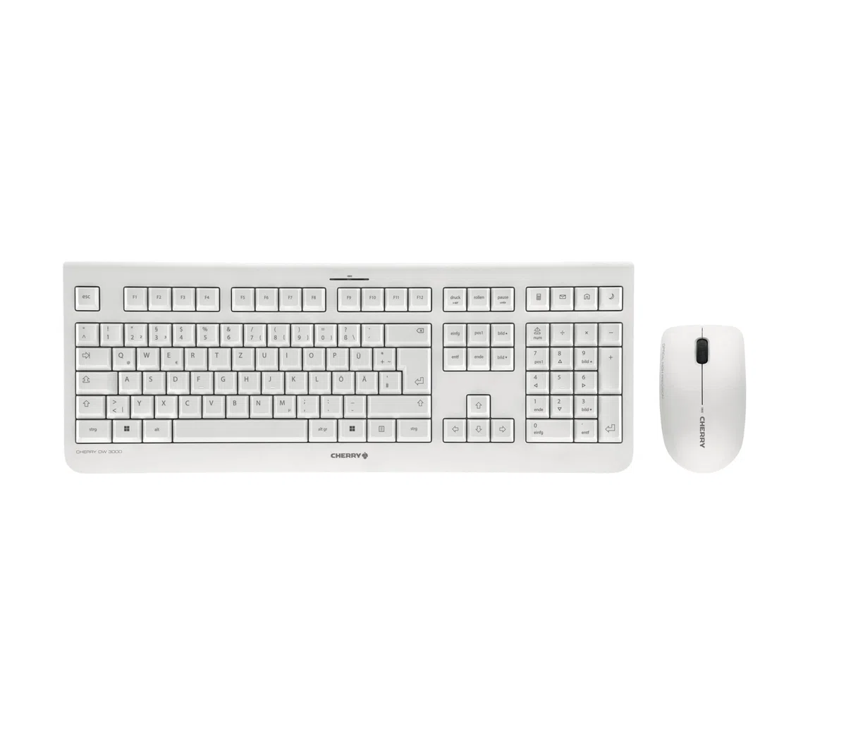 CHERRY DW 3000, kabelloses Tastatur- und Maus-Set, Deutsches Layout, QWERTZ Tastatur, batteriebetrieben, GS-Zulassung, flüsterleiser Tastenanschlag, Weiß-grau