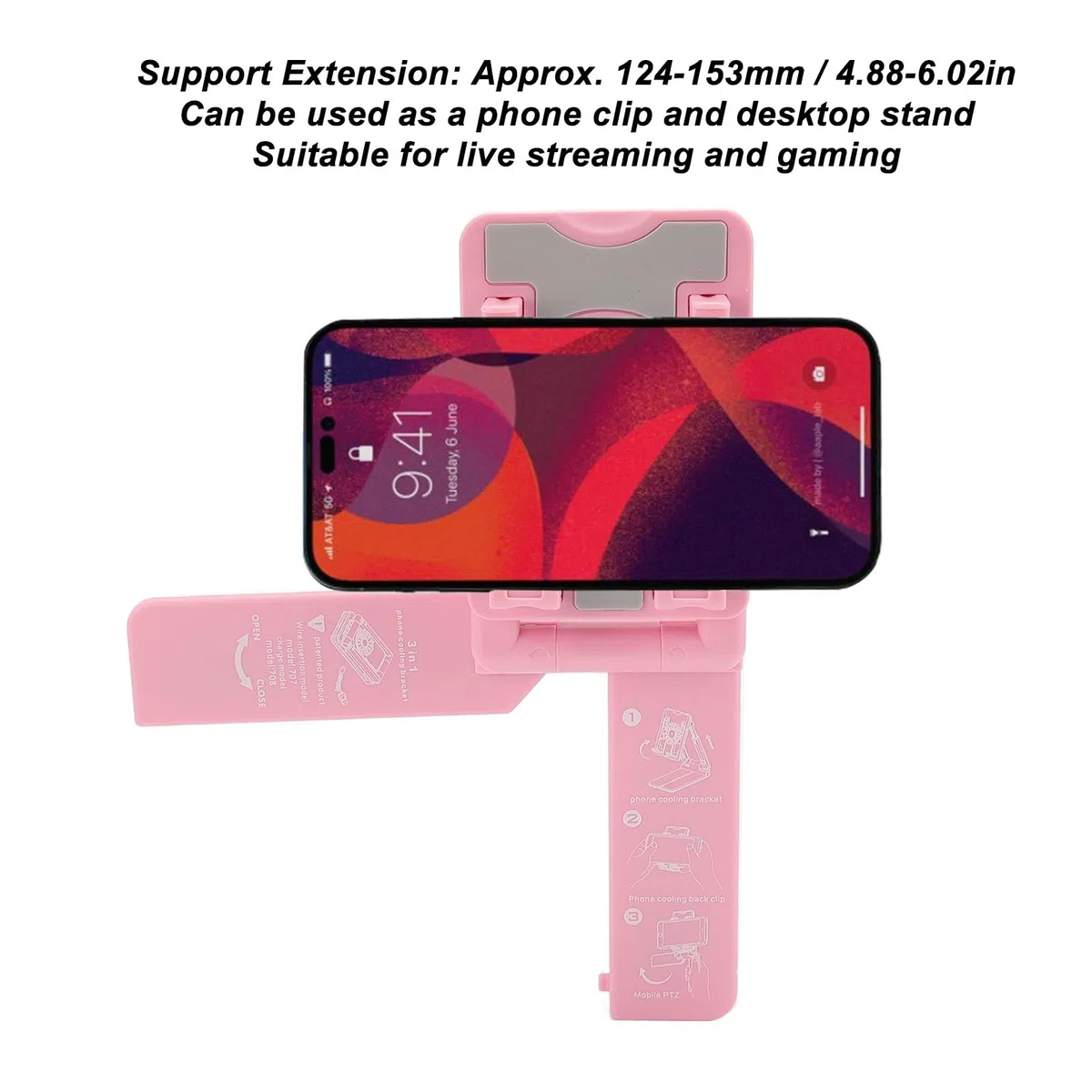 Handy-Kühler, Handy-Kühlerständer mit Verstellbarer Höhe und RGB-Lichtern – Schneller Lüfter für Live-Streaming und Gaming – Kompatibel mit Geräten von 62 Mm Bis 80 Mm (Rosa)