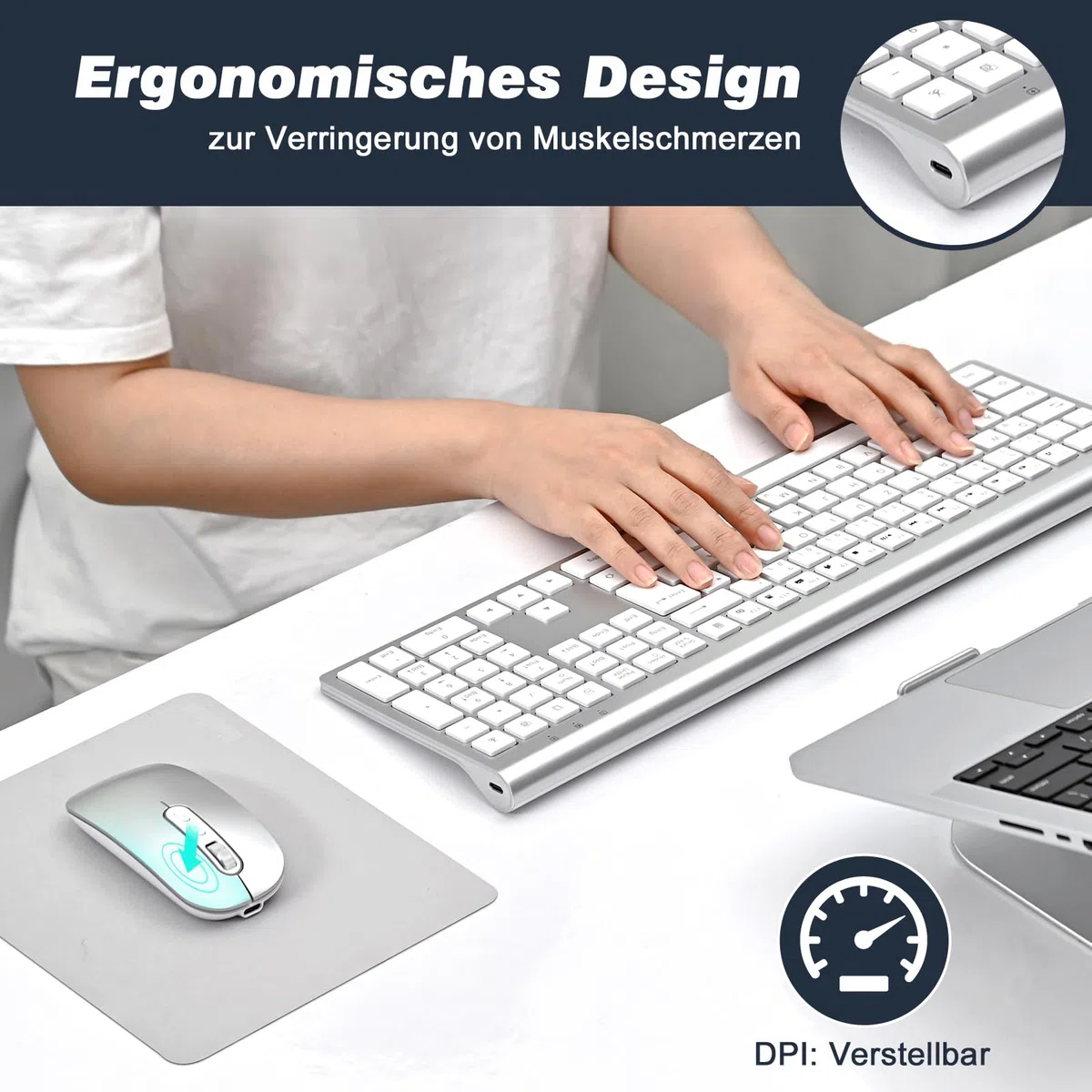 cimetech Tastatur Maus Set Kabellos, Ultra-Dünne Wiederaufladbare Kabellose Tastatur und Maus Ergonomisch Funktastatur QWERTZ Layout, Ultra SlimThin für Computer/Desktop/PC/Laptop/Windows (Silber)