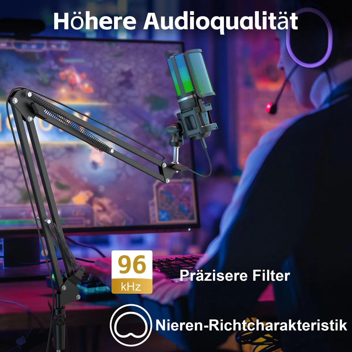 zealsound USB Gaming Mikrofon mit Boom Arm & Tischstativ (2 Ständer), Plug und Play Podcast Mikrofon für PC & Handy, mit Tap-to-Mute, Gain-Regler, Monitoring, für Streaming, Discord, Zoom