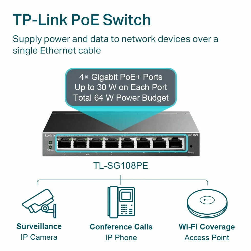 TP-Link TL-SG108PE Managed PoE Switch, 8 Port Gigabit Network Switch mit 4 PoE+ Ports (64 W, 802.3af/at PoE+, Lüfterlos, Plug-and-Play, Robustes Metallgehäuse) Schwarz