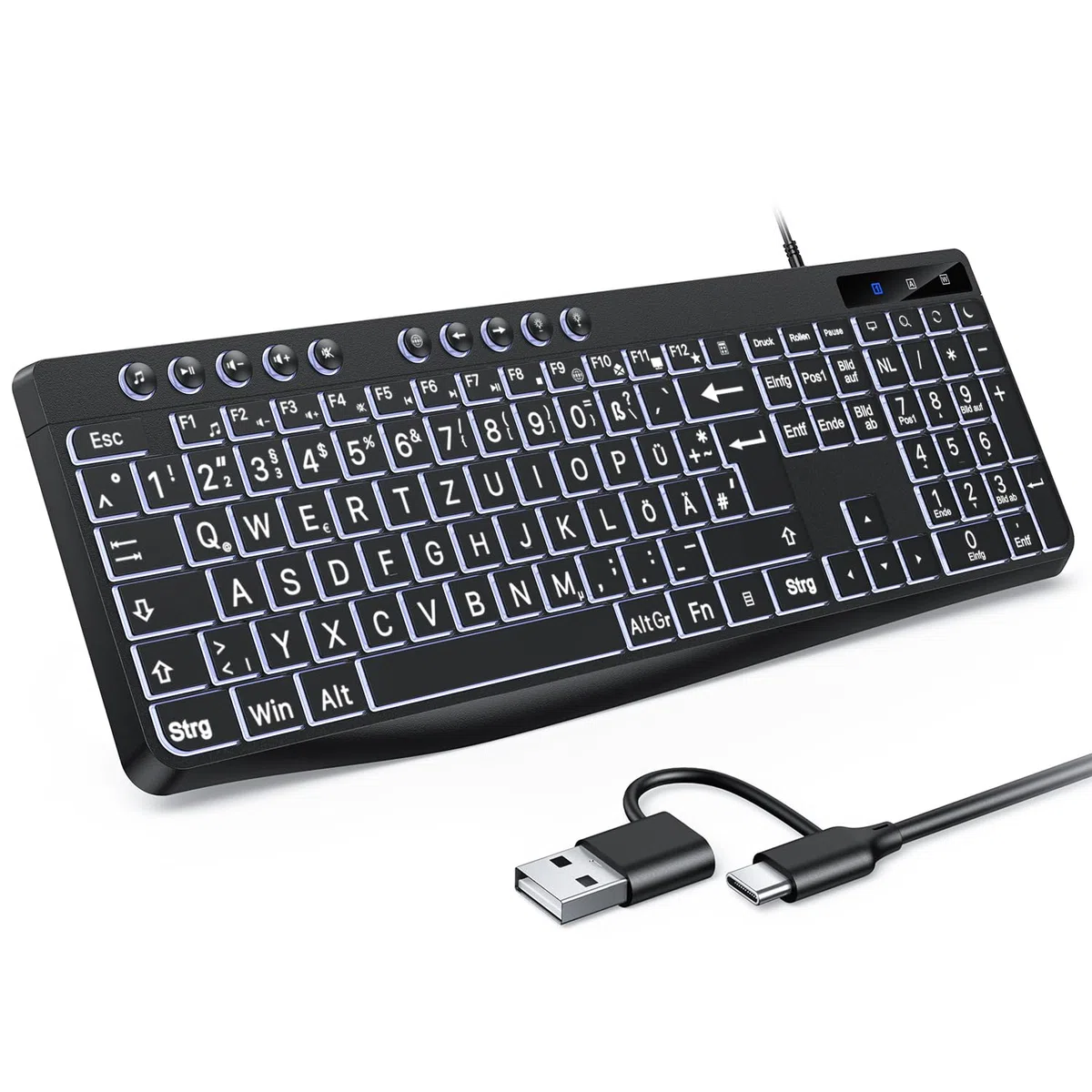 OMOTON Beleuchtete Tastatur, Kabel PC Tastatur, QWERTZ Weiß Beleuchtet mit großem Druck, 2 in 1 USB A/C- Für Senioren, Kinder, Sehbehinderte für Windows mit Multimedia-Tasten