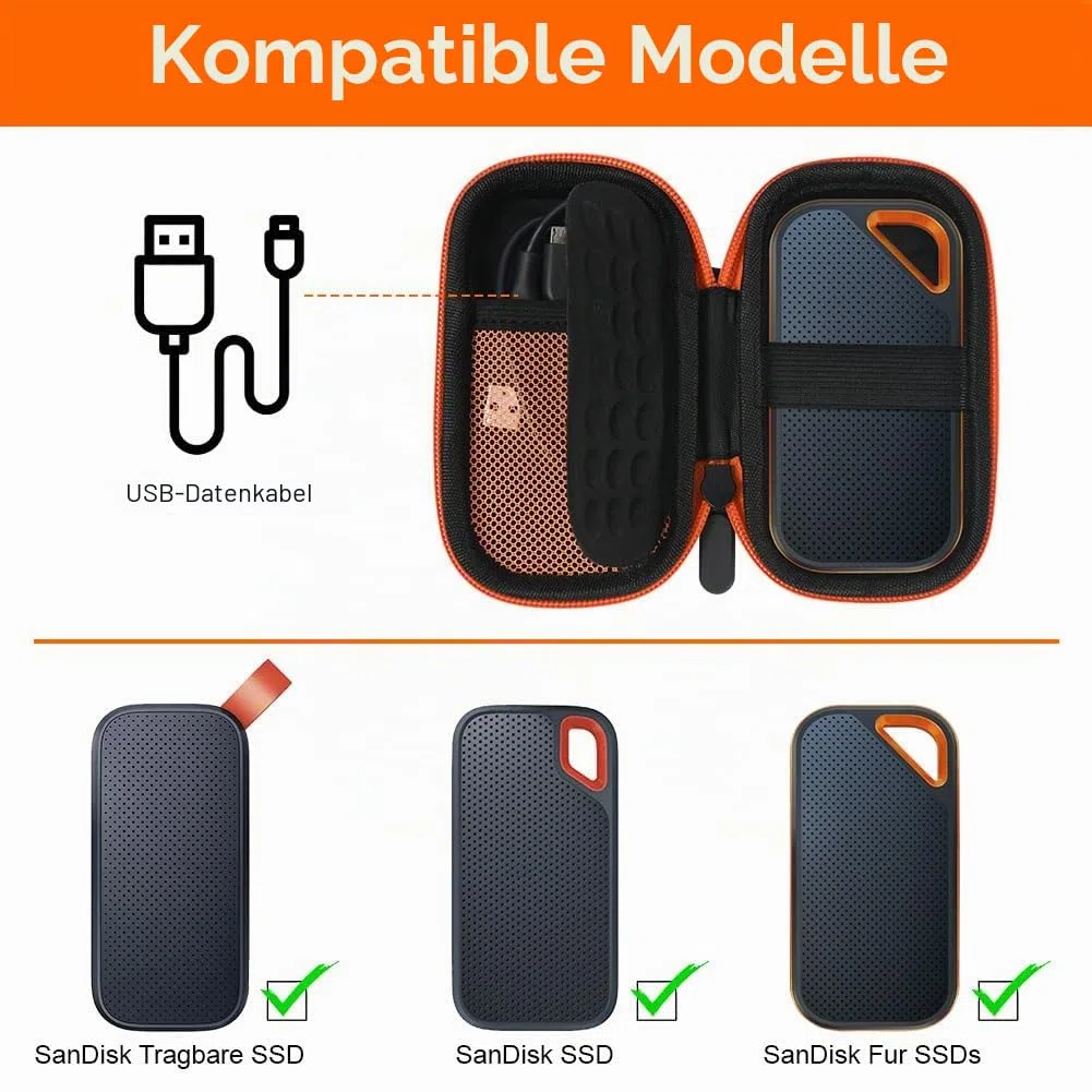 Tasche Hülle für SanDisk Extreme PRO/Extreme Portable SSD 128GB 500GB 1TB 2TB, Wasserdicht Kabeltasche Reise Tragbarer Hart Etui Case für Externe Festplatte Micro SD Karte, Orange