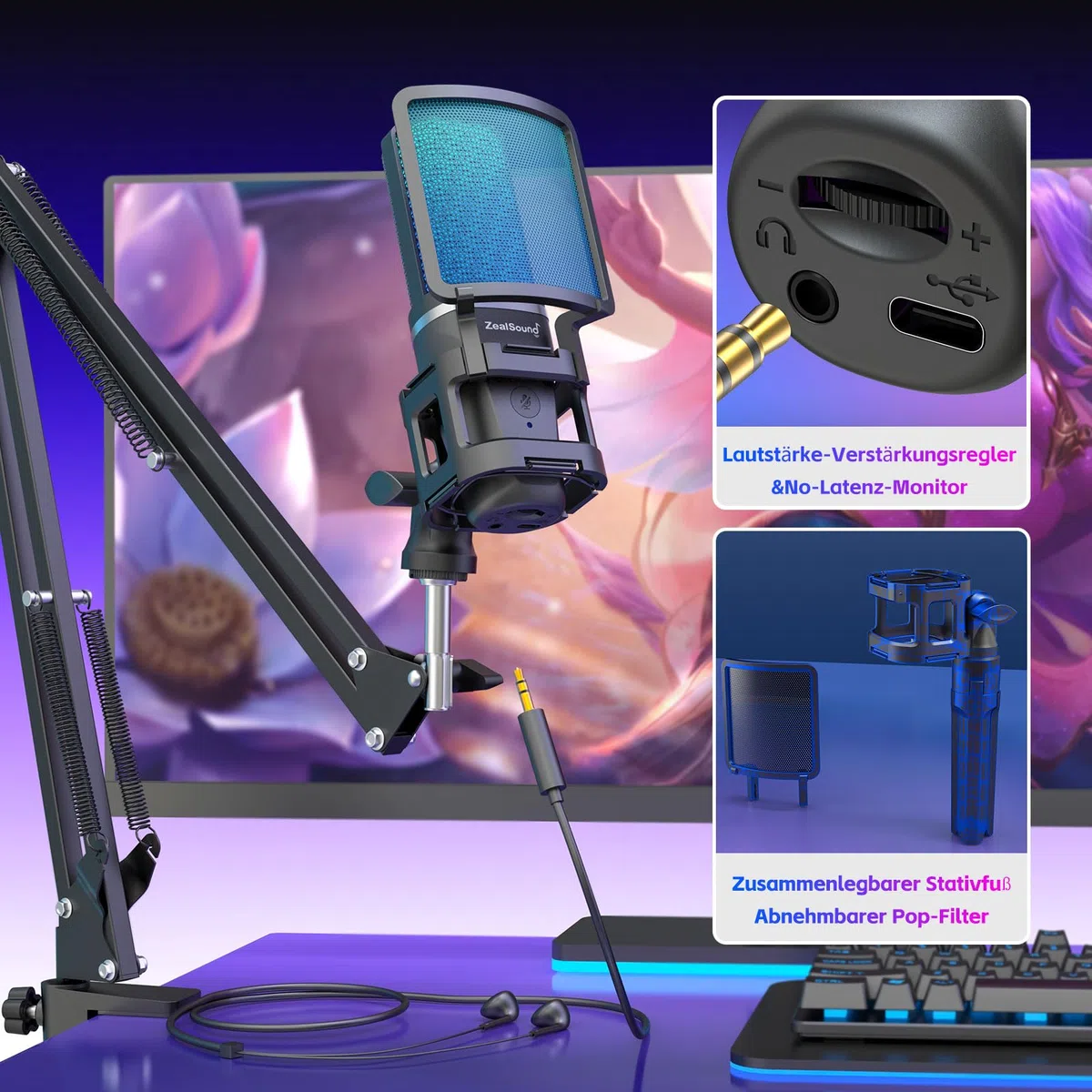 zealsound USB Gaming Mikrofon mit Boom Arm & Tischstativ (2 Ständer), Plug und Play Podcast Mikrofon für PC & Handy, mit Tap-to-Mute, Gain-Regler, Monitoring, für Streaming, Discord, Zoom