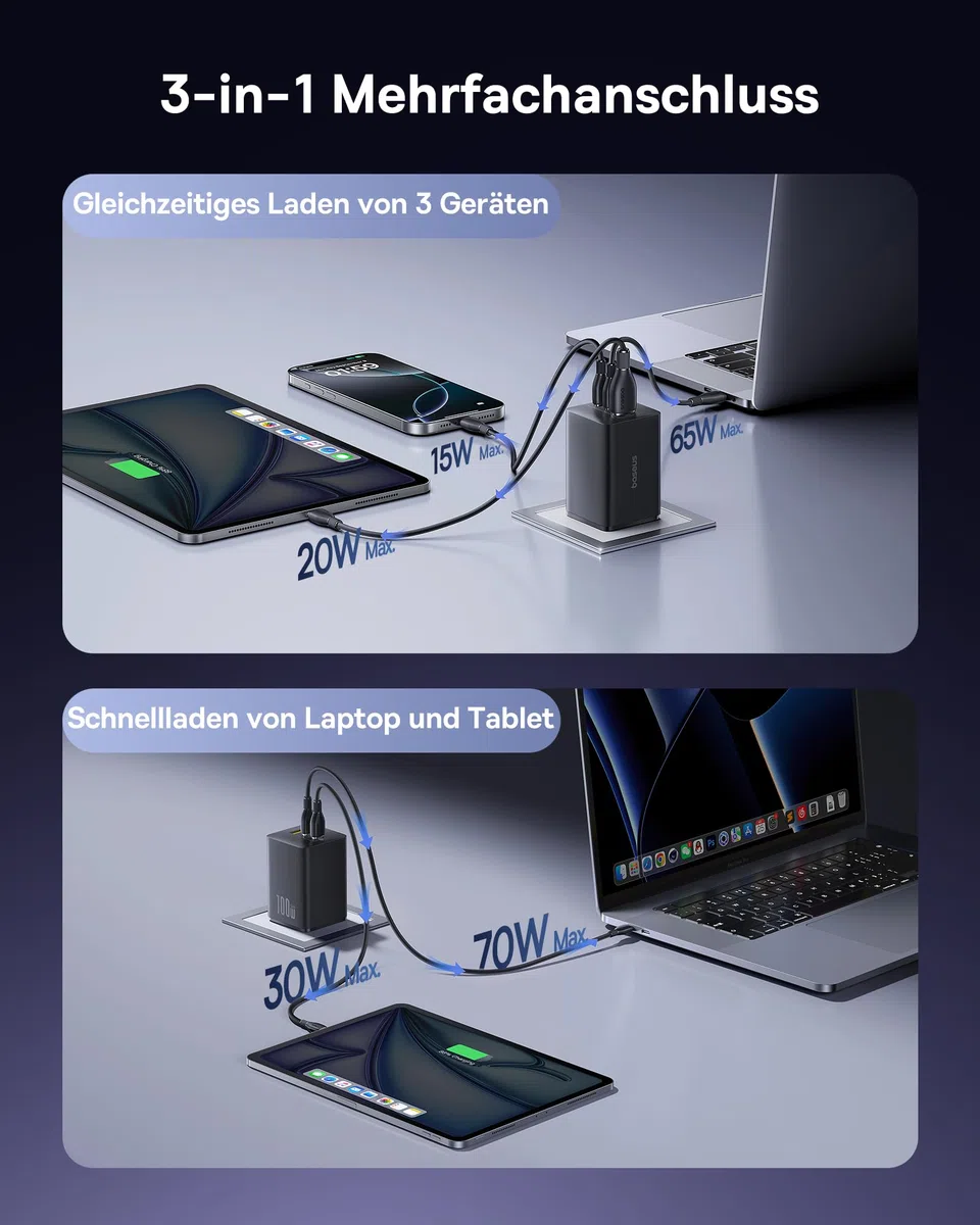 Baseus Enerfill USB C Ladegerät 100W, 3-Ports USB C Netzteil, PD Ladegerät mit PPS, GaN Schnellladegerät kompatibel mit MacBook Pro/Air, iPad, Laptop, iPhone 17/16/15/14, Galaxy S25, Pixel, Schwarz