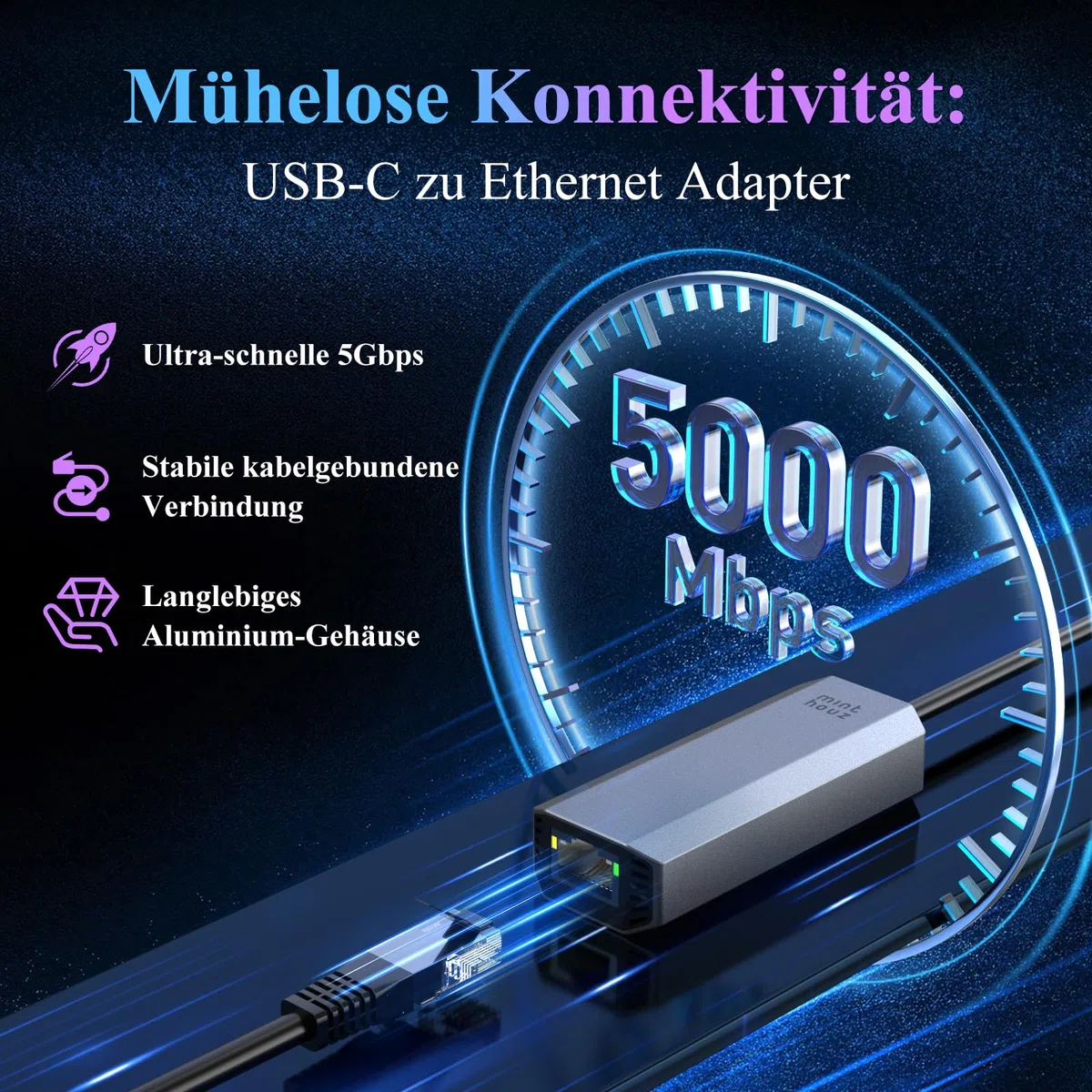 Minthouz USB LAN Adapter,5G Ethernet Adapter,Aluminium RJ45 USB C auf Netzwerkadapter für Dell/HP/Mac,Thunderbolt 4/3 LAN Ethernet Stecker mit 10G Spec für NAS Windows, MAC, Linux
