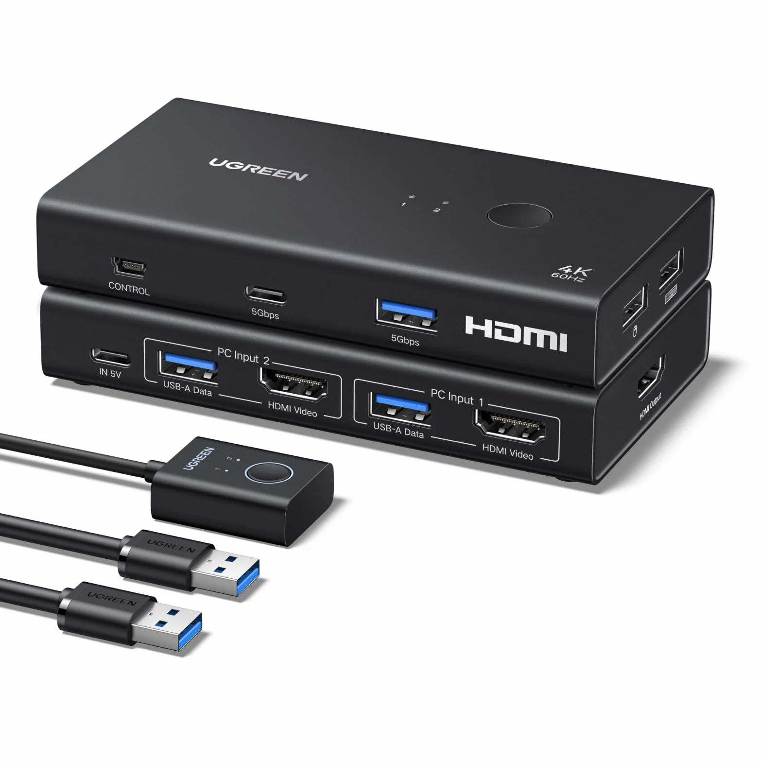 UGREEN HDMI KVM Switch USB Adapter (3*USB A+ USB C) 2 PC 1 Monitor 4K@60Hz USB Verteiler mit Tastatur und Desktop-Controller Umschaltung Kompatibel mit Windows/Linux/MacOS