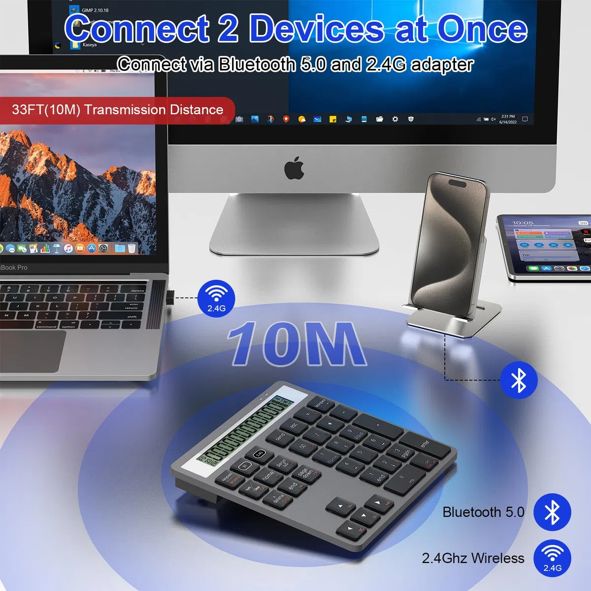 2-in-1 Ziffernblock mit Taschenrechner, 34 Leise Tasten Bluetooth 5.0&2.4G Numpad für Windows/Mac/iOS/Android, Nummernblöcke für Laptop/PC/iPhone/iPad Number Pad Ergonomisch für Excel Buchhaltung Büro