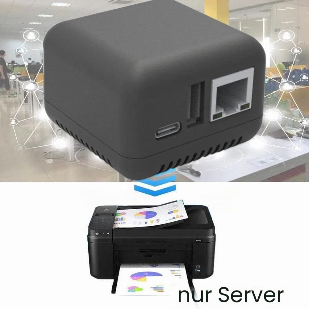 Kabelloser Mini-Druckserver-Adapter für USB-Drucker, USB-2.0-Anschluss, schneller 10/100 Mbit/s, RJ-45-LAN-Port, Ethernet, Druck-graue Netzwerkversion