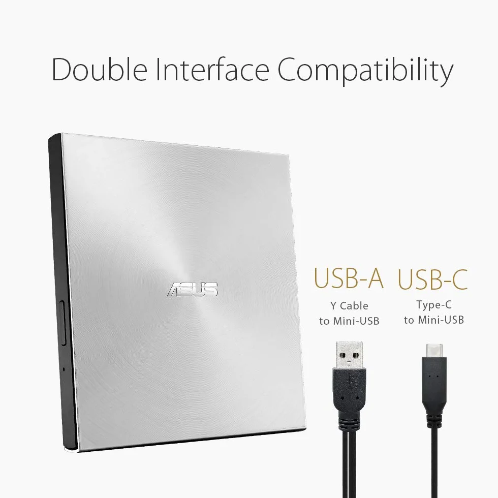 Asus ZenDrive U9M USB-C externer Ultra Slim DVD Brenner (inkl. USB-C Kabel, Brennsoftware & Nero Backup App), für Apple MacBooks und Windows 7/8 / 10/11 PCs/Notebooks, USB 2.0, Silber