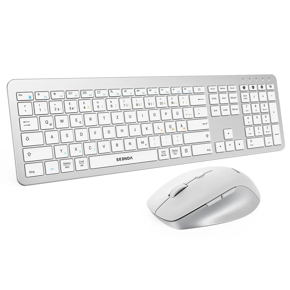 Seenda COE300 Tastatur Maus Set Kabellos, Dual-Bluetooth + 2,4 GHz USB, Ultra-Dünne Bluetooth Tastatur mit Maus für Windows, Mac OS, Laptops, iPads und Tablets, QWERTZ Layout Weiß und Silber
