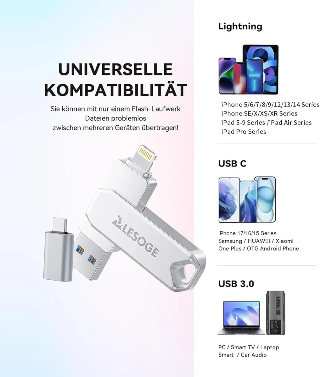 MFi Zertifizierter USB Stick 128GB für iPhone,3 in 1 USB Speicherstick USB 3.0 USB-Flash-Laufwerk, Externer Speichererweiterung Fotostick,USB C Stick für iPhone/iPad/Android/PC/Mac
