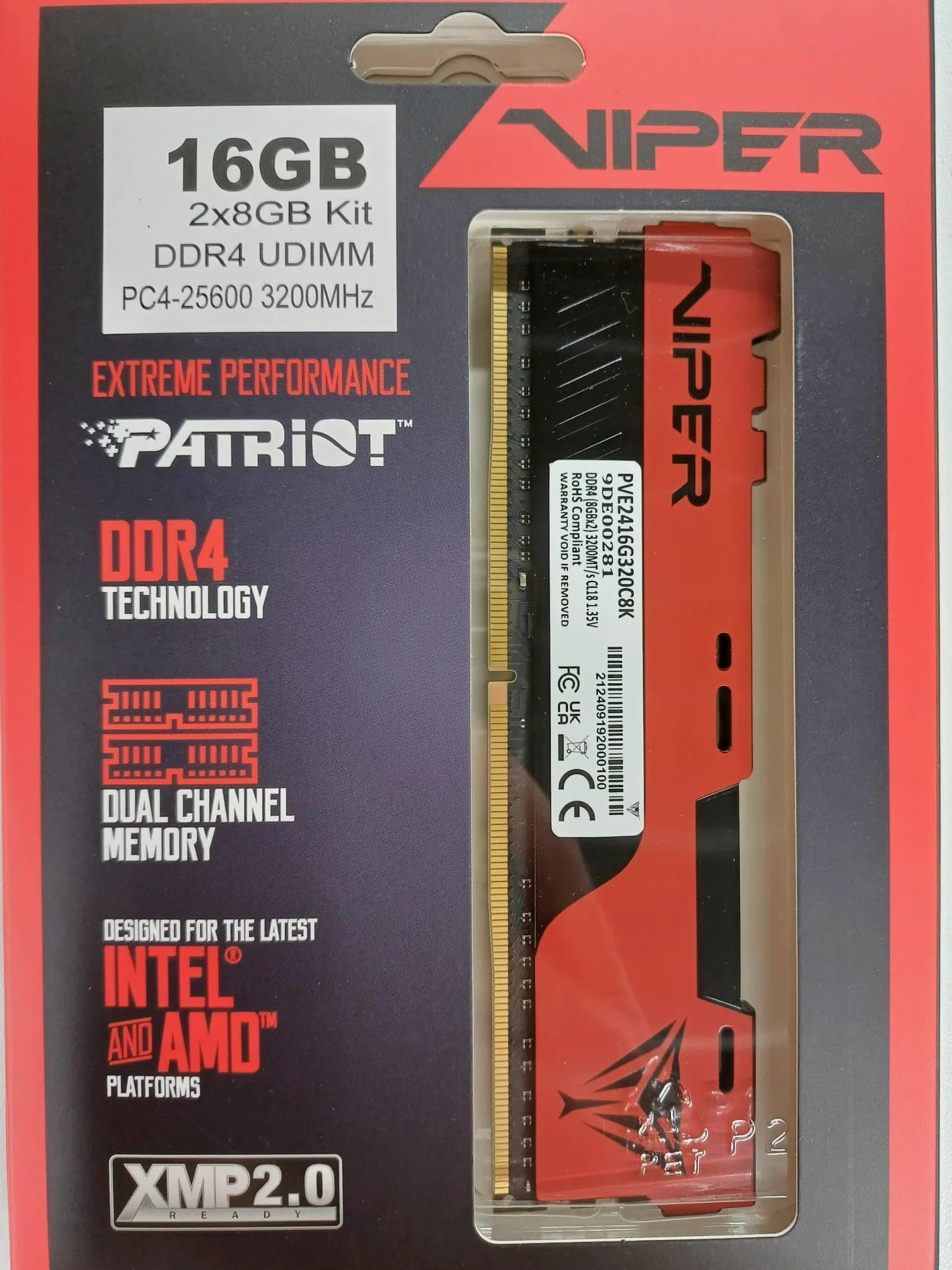 Patriot Memory Viper Elite II DDR4 16GB (2x8GB) 3200MHz Gaming Arbeitsspeicher KIT Schwarz/Rot