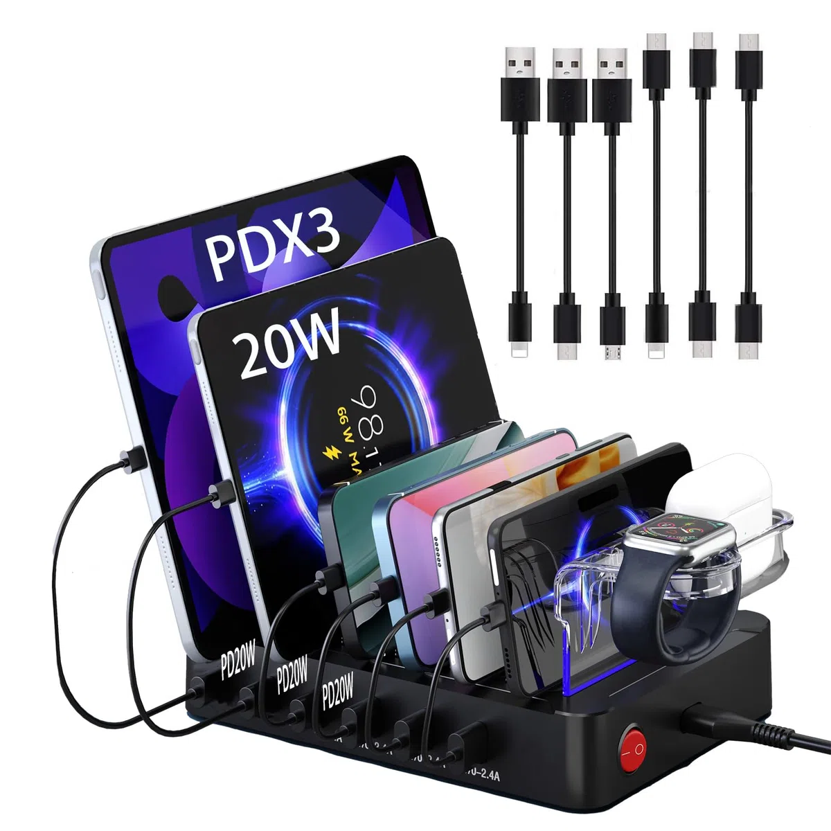 Ladestation USB C Multi Dock 6 Ports PD 96W Smart Schnellladedockstation 3X PD 20W USB C Ladeanschluss, kompatibel für Phones lPad lwatch Stand Tablet Mehrere Geräte (6 Kabel inklusive) (Schwarz)
