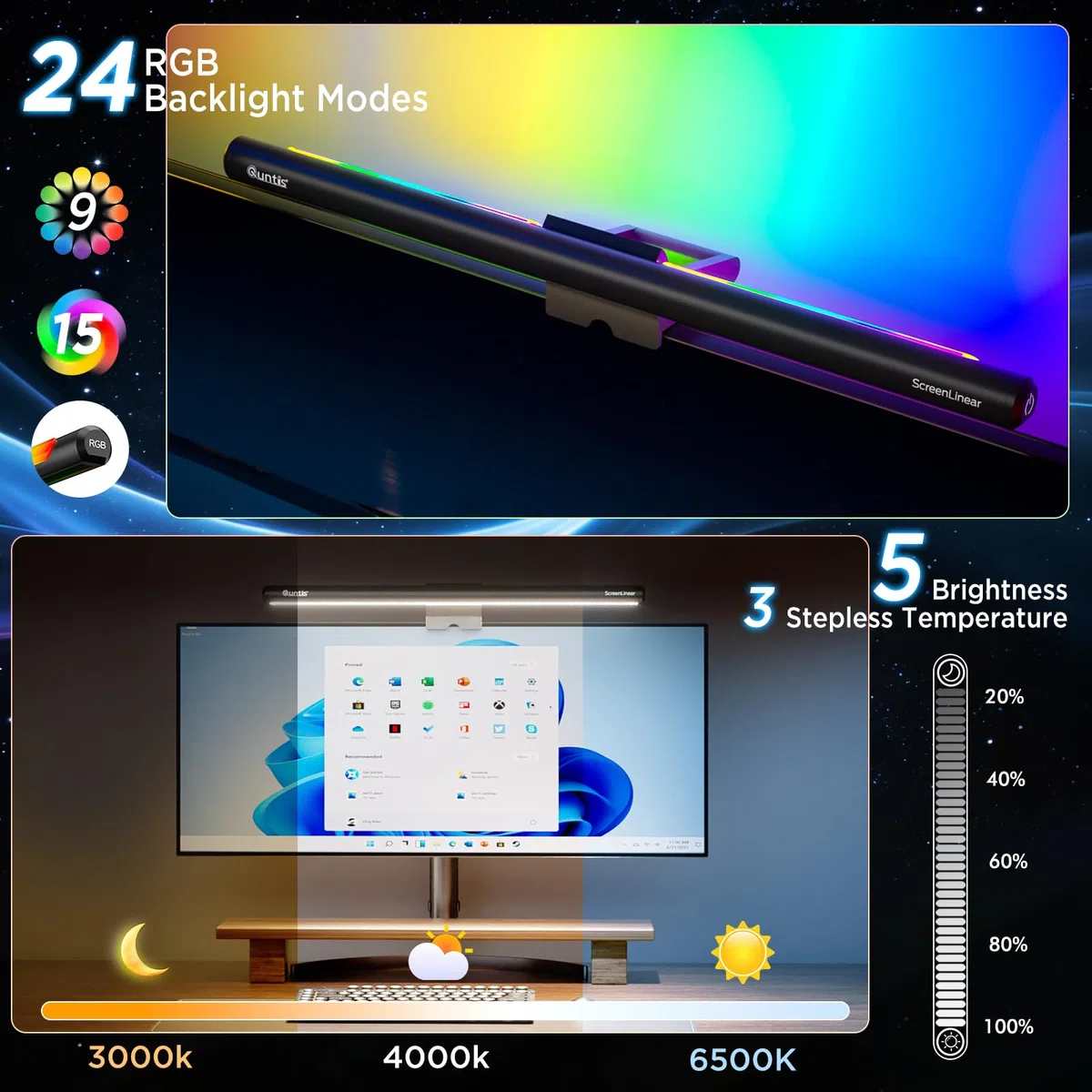 Quntis Computer Monitor Lampe mit Gaming Deko RGB Hintergrundbeleuchtung, 40cm Monitor Light Bar mit Touch Control, Anti-blaues Licht, USB Bildschirmlampe mit einstellbarer Farbtemperatur Helligkeit