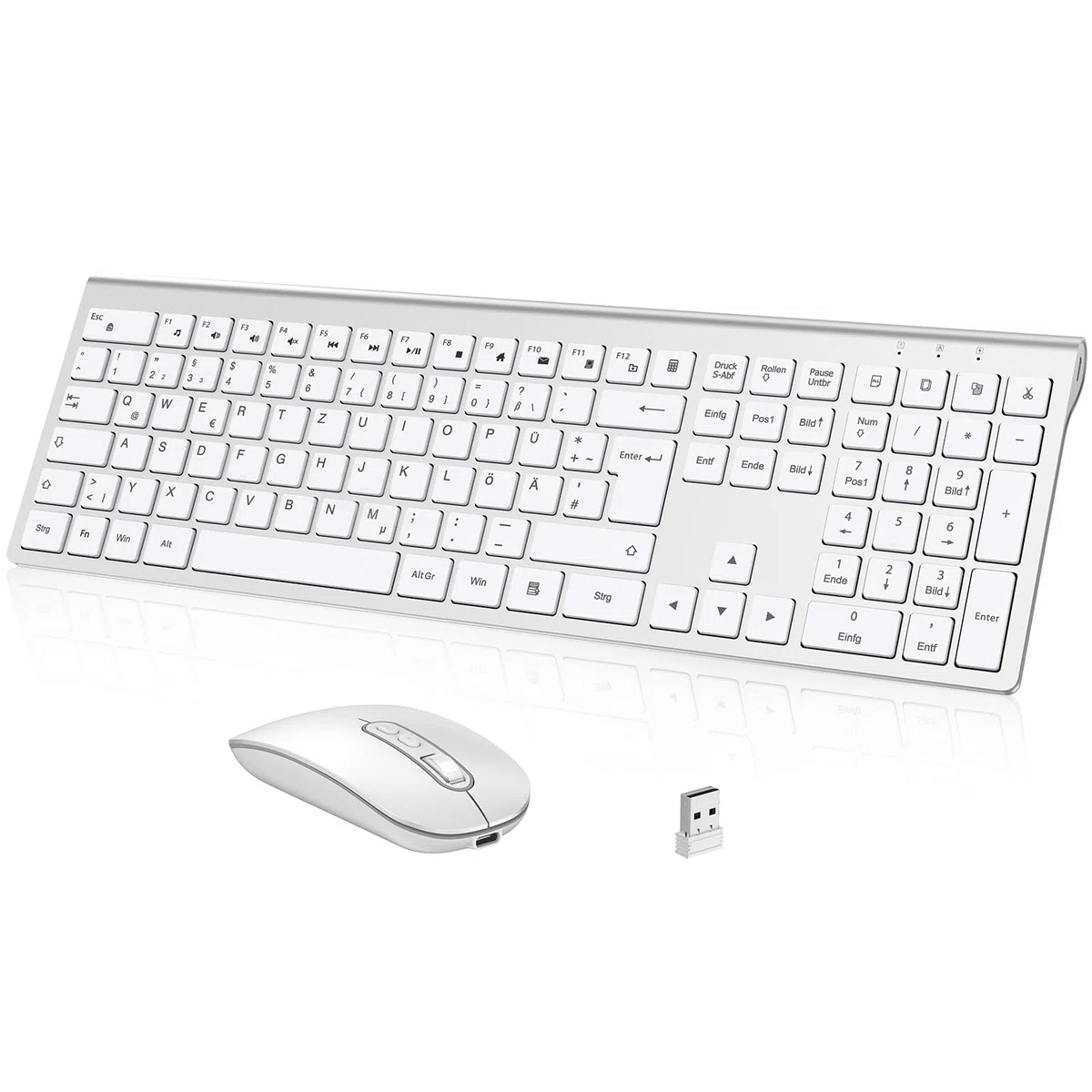 cimetech Tastatur Maus Set Kabellos, Ultra-Dünne Wiederaufladbare Kabellose Tastatur und Maus Ergonomisch Funktastatur QWERTZ Layout, Ultra SlimThin für Computer/Desktop/PC/Laptop/Windows (Silber)