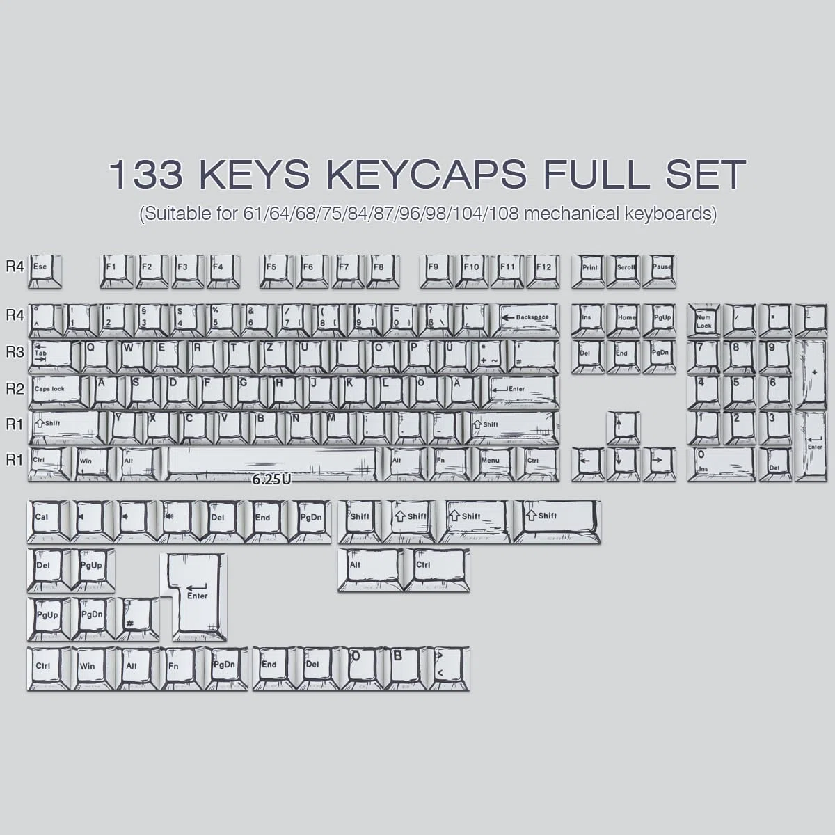 PBT German Keycaps, 133 Keys Manga White Keycap, Retro Style Side Printed Shine Through Dye Sub Keycap for Cherry MX Switch ISO QWERTZ Layout Mechanical Keyboards
