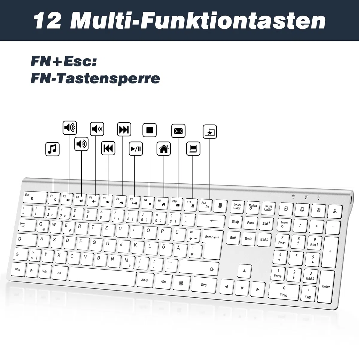 cimetech Tastatur Maus Set Kabellos, Ultra-Dünne Wiederaufladbare Kabellose Tastatur und Maus Ergonomisch Funktastatur QWERTZ Layout, Ultra SlimThin für Computer/Desktop/PC/Laptop/Windows (Silber)