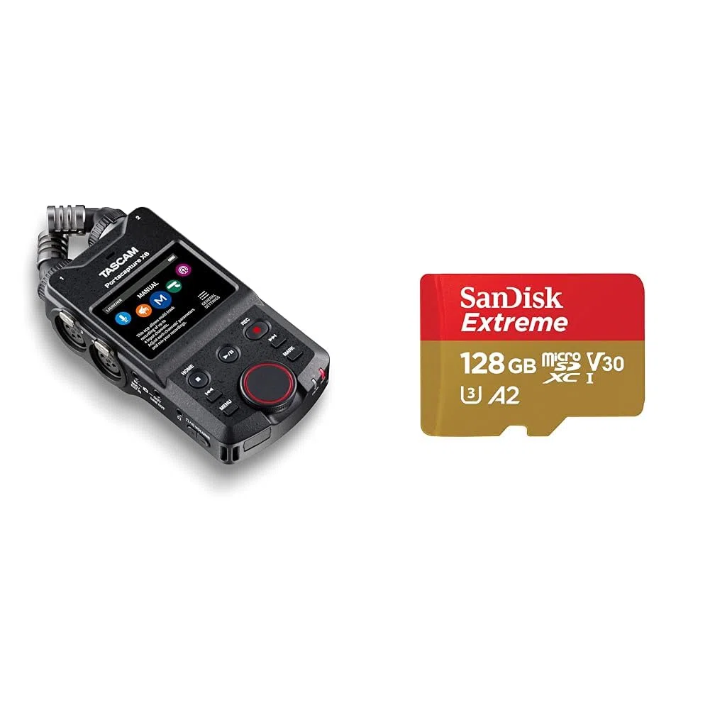 Tascam Portacapture X6 - Hochauflösender Handheld-Mehrspurrecorder & SanDisk Extreme microSDXC UHS-I Speicherkarte 128 GB + Adapter