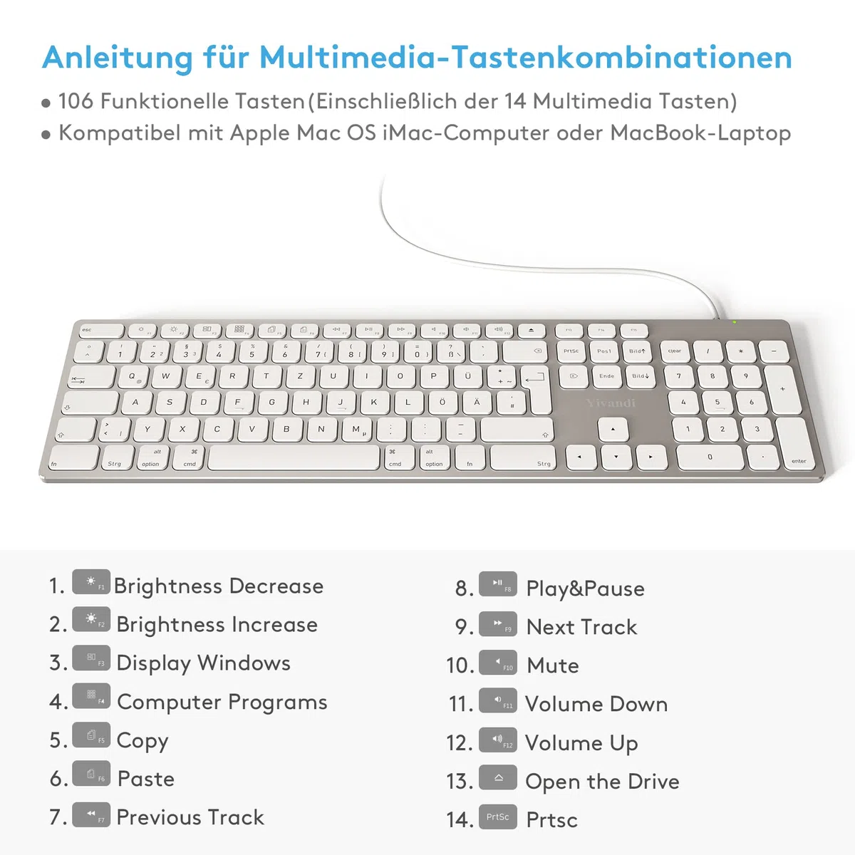 Kabelgebundene Tastatur mit Ziffernblock für Apple Mac OS, Eleganter Vollaluminiumrahmen, Deutsches QWERTZ-Layout, Plug-it-Play USB Tastatur für iMac/Mac mini/MacBook