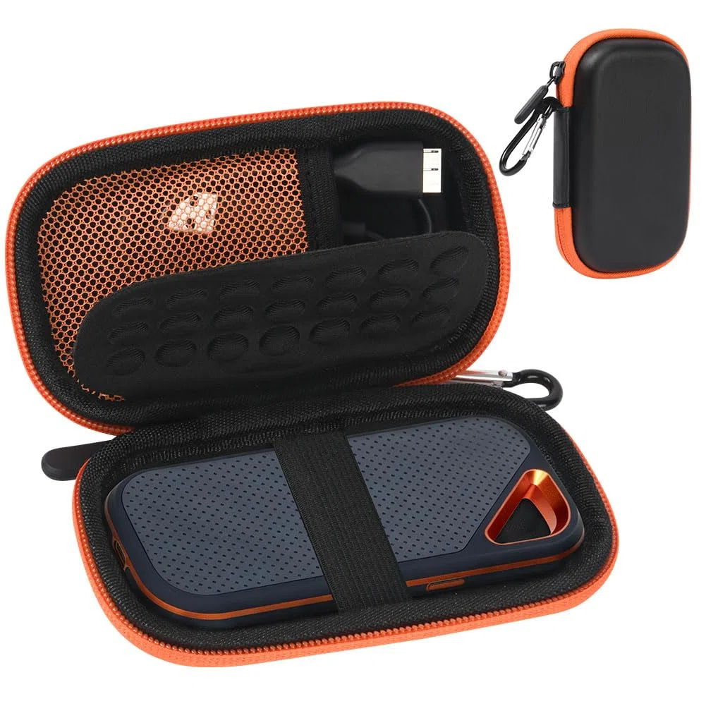 Tasche Hülle für SanDisk Extreme PRO/Extreme Portable SSD 128GB 500GB 1TB 2TB, Wasserdicht Kabeltasche Reise Tragbarer Hart Etui Case für Externe Festplatte Micro SD Karte, Orange