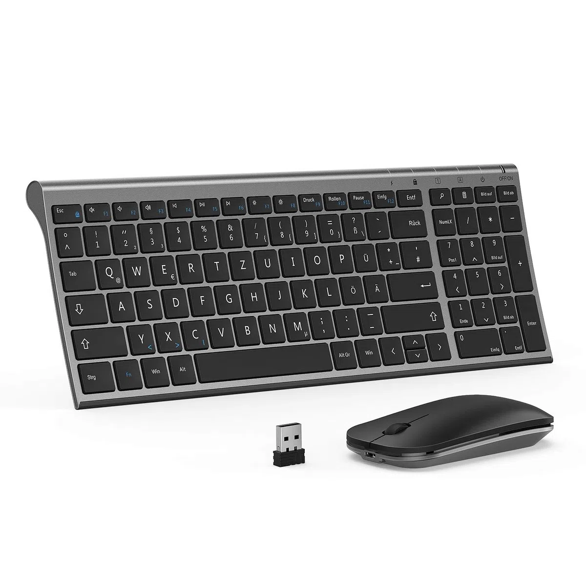 seenda WGJP-031B Tastatur Maus Set Kabellos, Wiederaufladbare Aluminium Tastatur mit kompaktes, Ultradünne Funktastatur mit Maus für PC/Laptop/Smart TV, QWERTZ Layout (Grau)