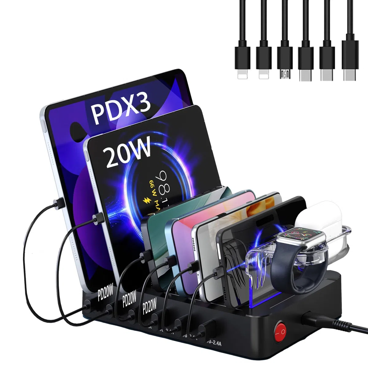 Ladestation USB C Multi Dock 6 Ports PD 96W Smart Schnellladedockstation 3X PD 20W USB C Ladeanschluss, kompatibel für Phones lPad lwatch Stand Tablet Mehrere Geräte (6 Kabel inklusive) (Schwarz)