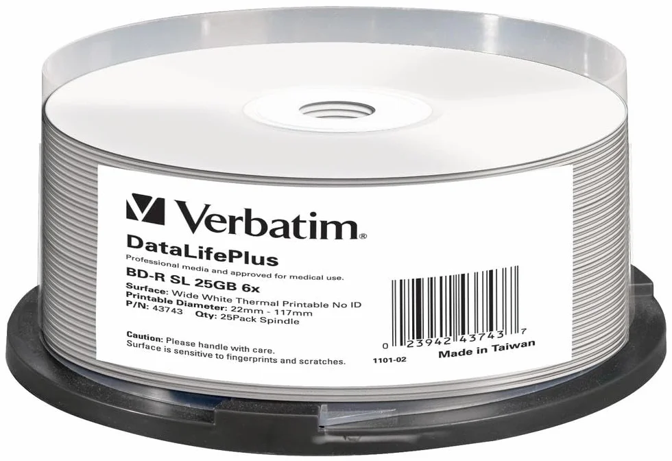 Verbatim 43743 BD-R Blu-Ray Rohlinge (25 GB, 6X weiß Thermodruckfläche 25er Spindel)