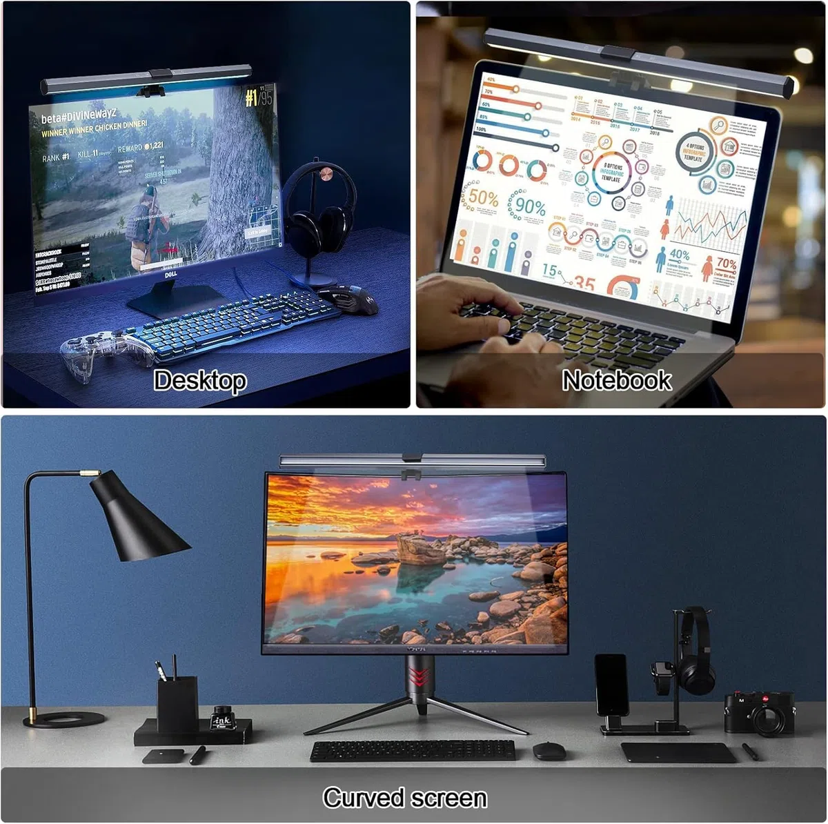 Anpro Monitor Lampe, Computer Monitor Light Bar mit Touchscreen, 3 Farbtemperaturen, stufenlose Einstellung, keine Blendung und kein Flimmern, Augen schützen, Grau