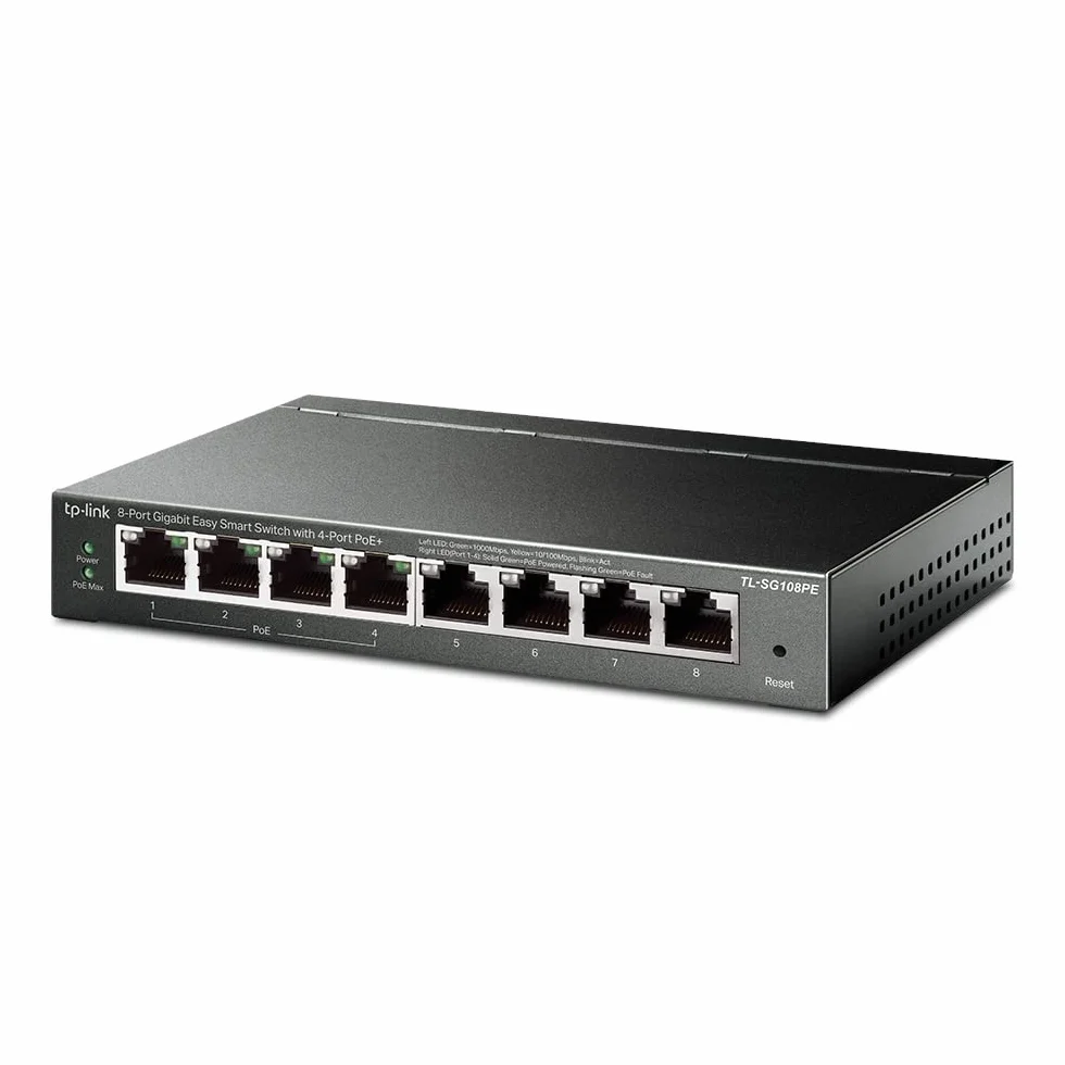 TP-Link TL-SG108PE Managed PoE Switch, 8 Port Gigabit Network Switch mit 4 PoE+ Ports (64 W, 802.3af/at PoE+, Lüfterlos, Plug-and-Play, Robustes Metallgehäuse) Schwarz