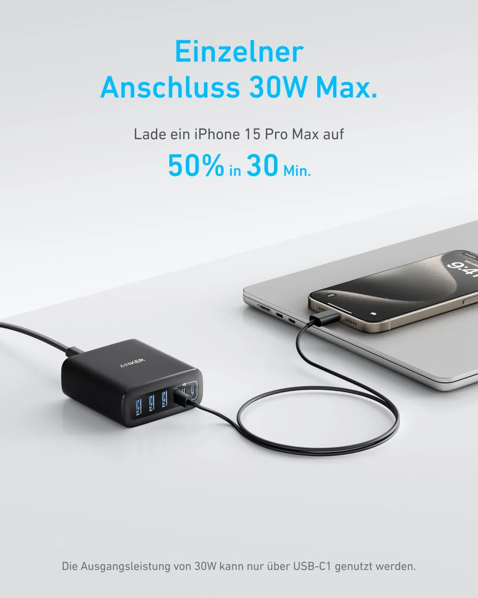 Anker 112W USB C Ladegerät, 6 Port Ladestation mit 112W Ausgang Leistung, Für iPhone 17/16/15 Series, MacBook Air, Pixel, Galaxy, iPad, und mehr (Ohne Ladekabel)