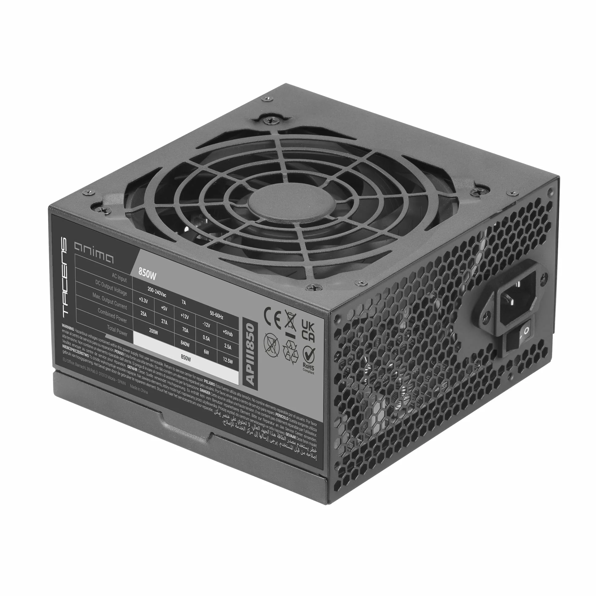 Tacens Anima APIII850, ATX 850W Netzteil, SMD- und DC-DC-Technologien, 85% Effizienz 12V, Ultra-leiser 12cm Lüfter, Japanische Kondensatoren 105º, Carbonfaser-Kabel, Schwarz