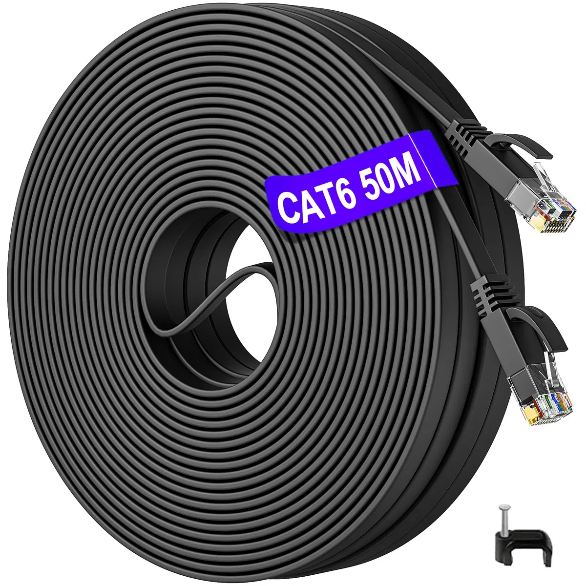 50m LAN Kabel Outdoor Indoor, Cat 6 Netzwerkkabel 50 Meter RJ45 Flach Ethernet Kabel High Speed Wlan Kabel Schwarz Lankabelverlaengerung 50m Internetkabel für Modem Switch