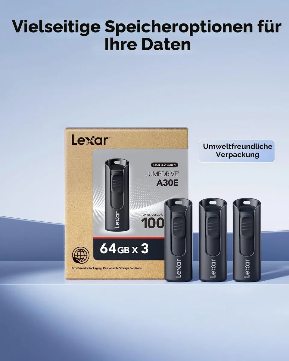 Lexar 64GB 3er-Pack Flash-Laufwerk A30E USB 3.2 Gen 1, USB-Laufwerk mit bis zu 100MB/s, Speichererweiterung und -sicherung für PC- und Mac-Systeme