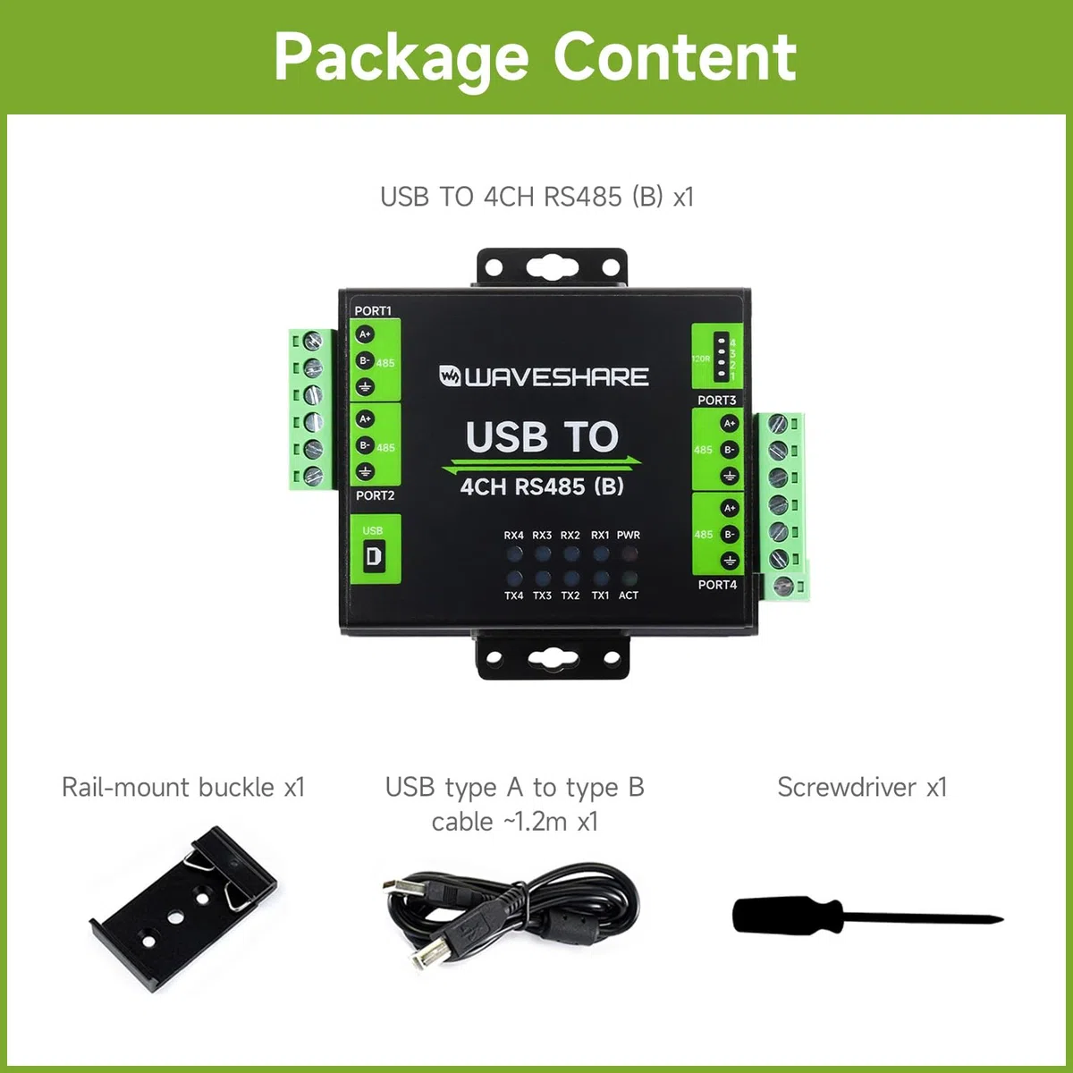 Waveshare Industrial Isolated USB to 4-Ch RS485 Converter (B), CH344L Chip, Multi Protection Circuits, Multi Systems Support, Aluminium Alloy Case, Wall-Mount & Rail-Mount Support