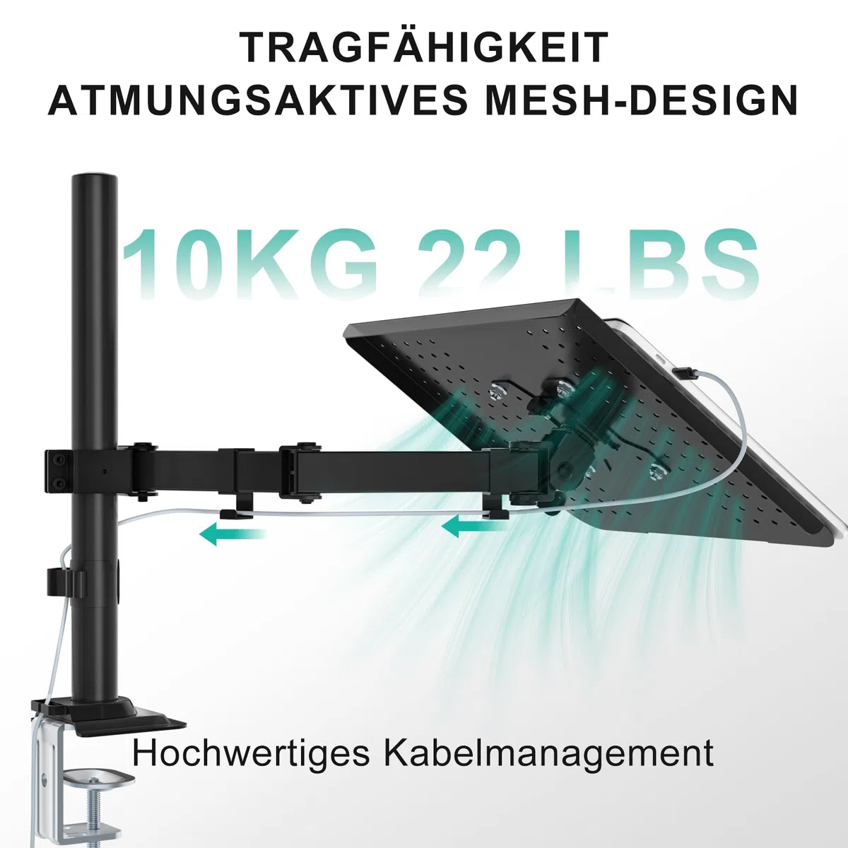 WALI Laptop Halterung für Schreibtisch – Ergonomisch Optimiert, Für 17 Zoll Laptops, Voll Verstellbar mit Belüfteter Kühlplattform, 10 kg Tragkraft (M00LP),Schwarz