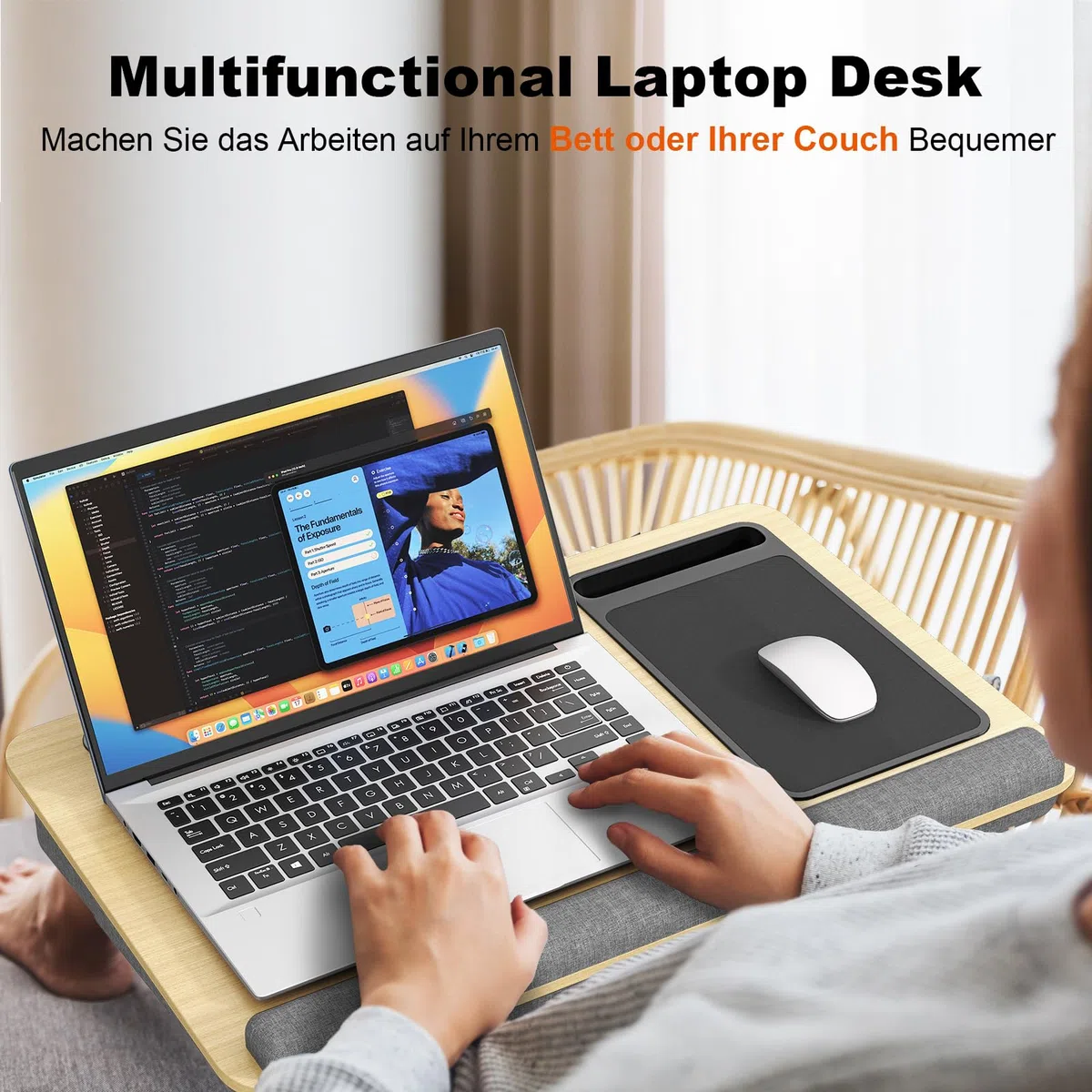 Laptopkissen für Bett mit Kissen, PUTORSEN Laptop Kissen Mausunterlage Passen bis zu 17,3 Zoll Notebook, Höhenverstellbar Lapdesk mit Tablet und Telefon Rille für Lernen, Gelb