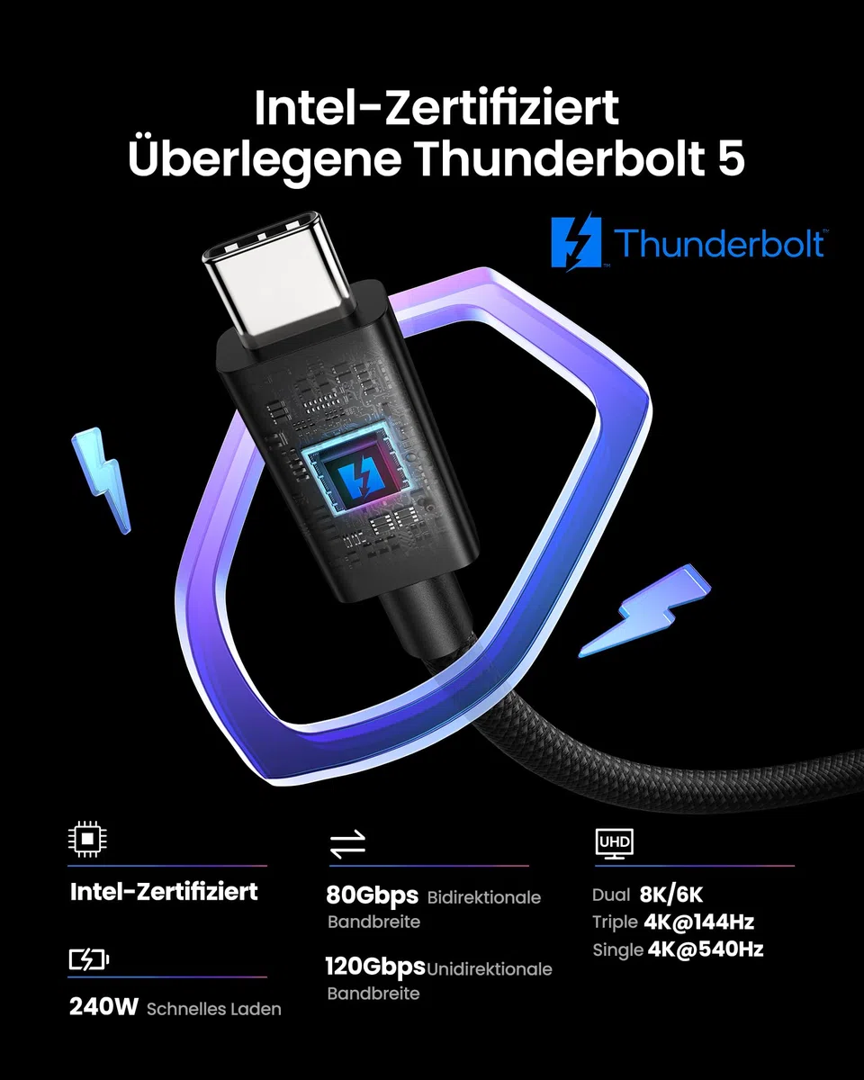 Silkland Intel-Zertifiziert 80Gbps Thunderbolt 5 Kabel 1M Prime Geflochten, bis zu 120Gbps mit Bandwidth Boost, Dual 8K/6K, 240W Schnellladen, Kompatibel mit Thunderbolt 4/3, USB4, MacBook M4 Pro, SSD
